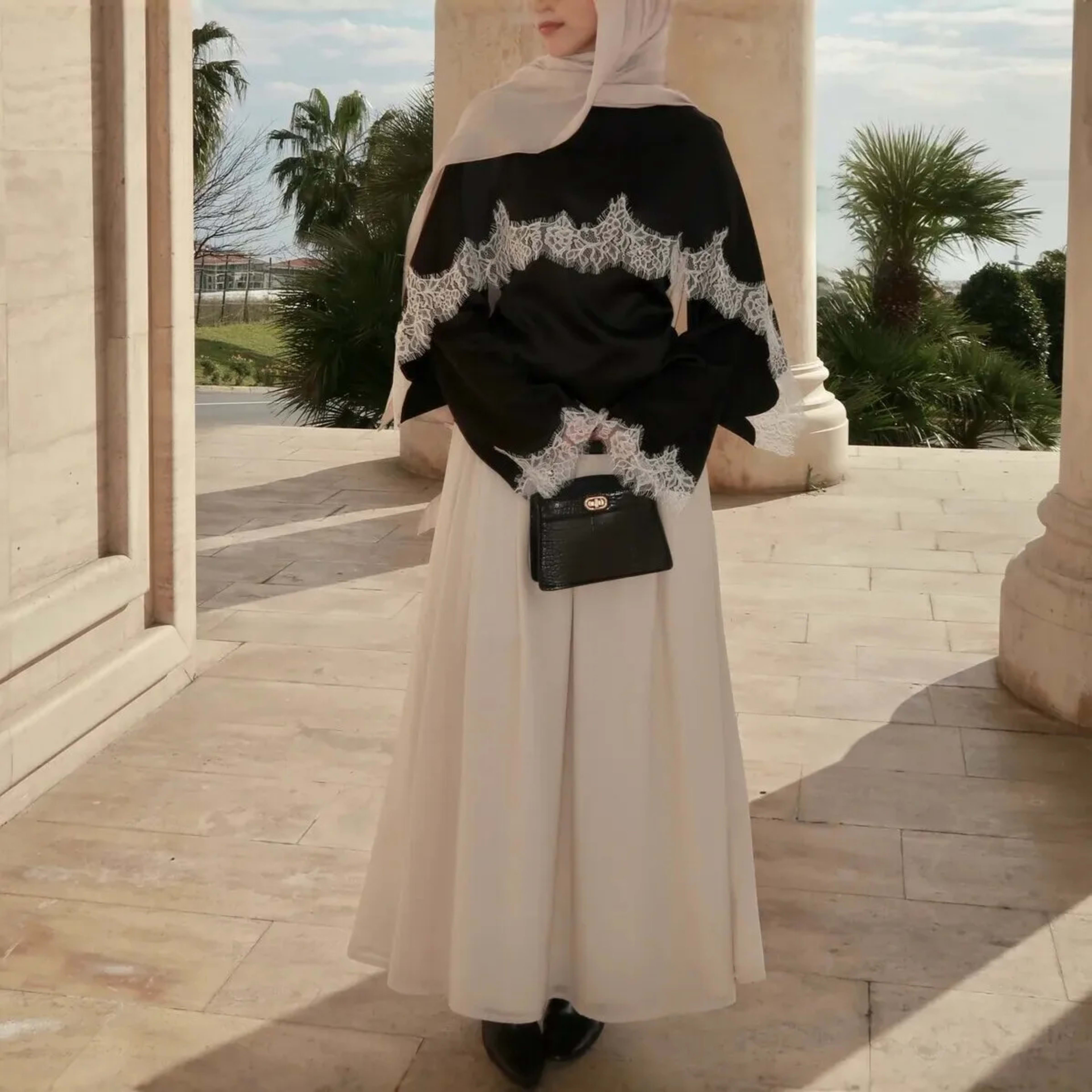 Women Top Blouse Fake Two Pieces Lace Patchwork Eid Muslim T Shirts Round Collar Flare Sleeve Dubai Ramadan Blouses Spri 4
