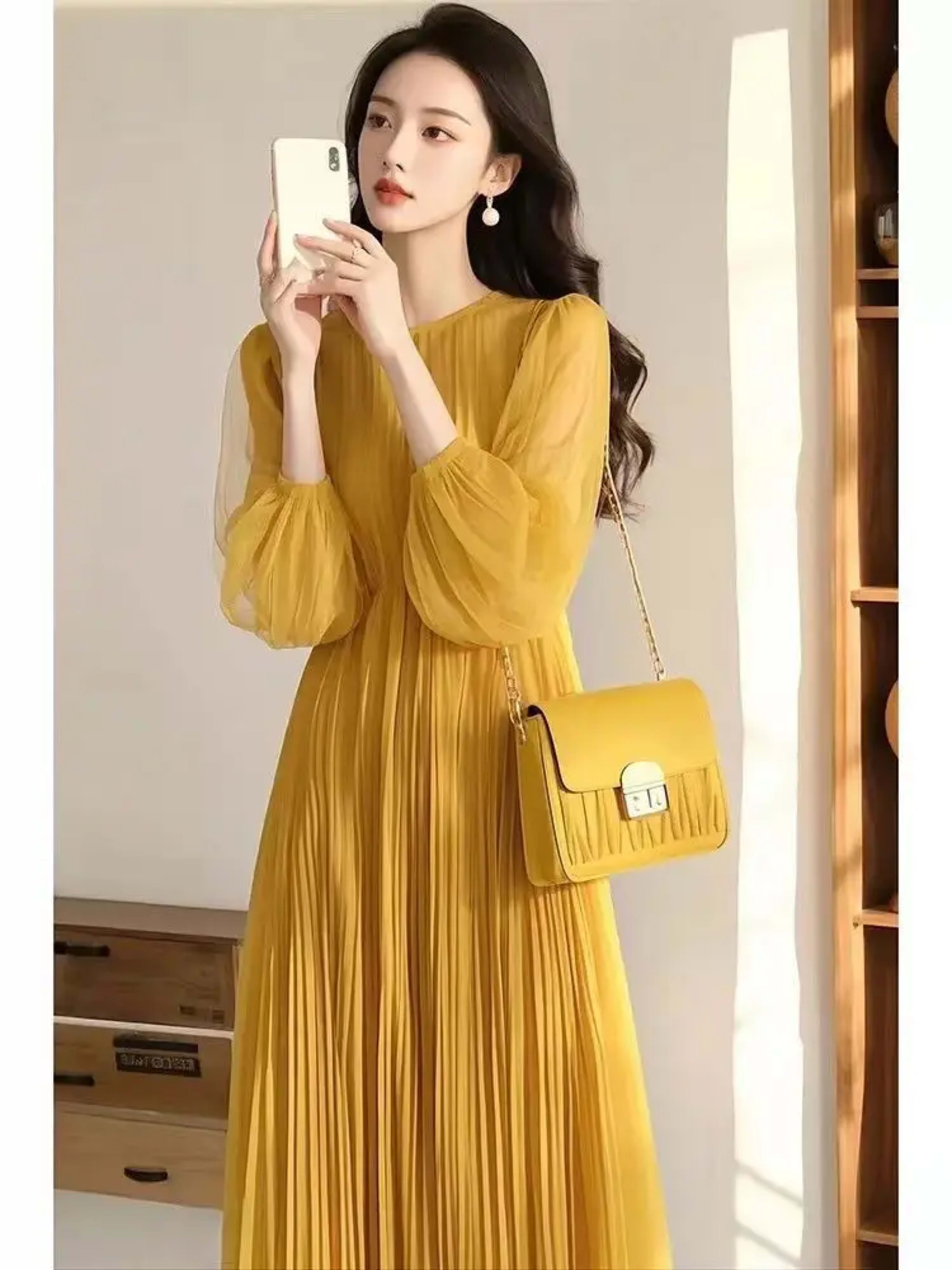 French Dress for Women with Exquisite High-end Feel Loose Slim Blue Chiffon Round Neck Long-sleeved Skirt 4
