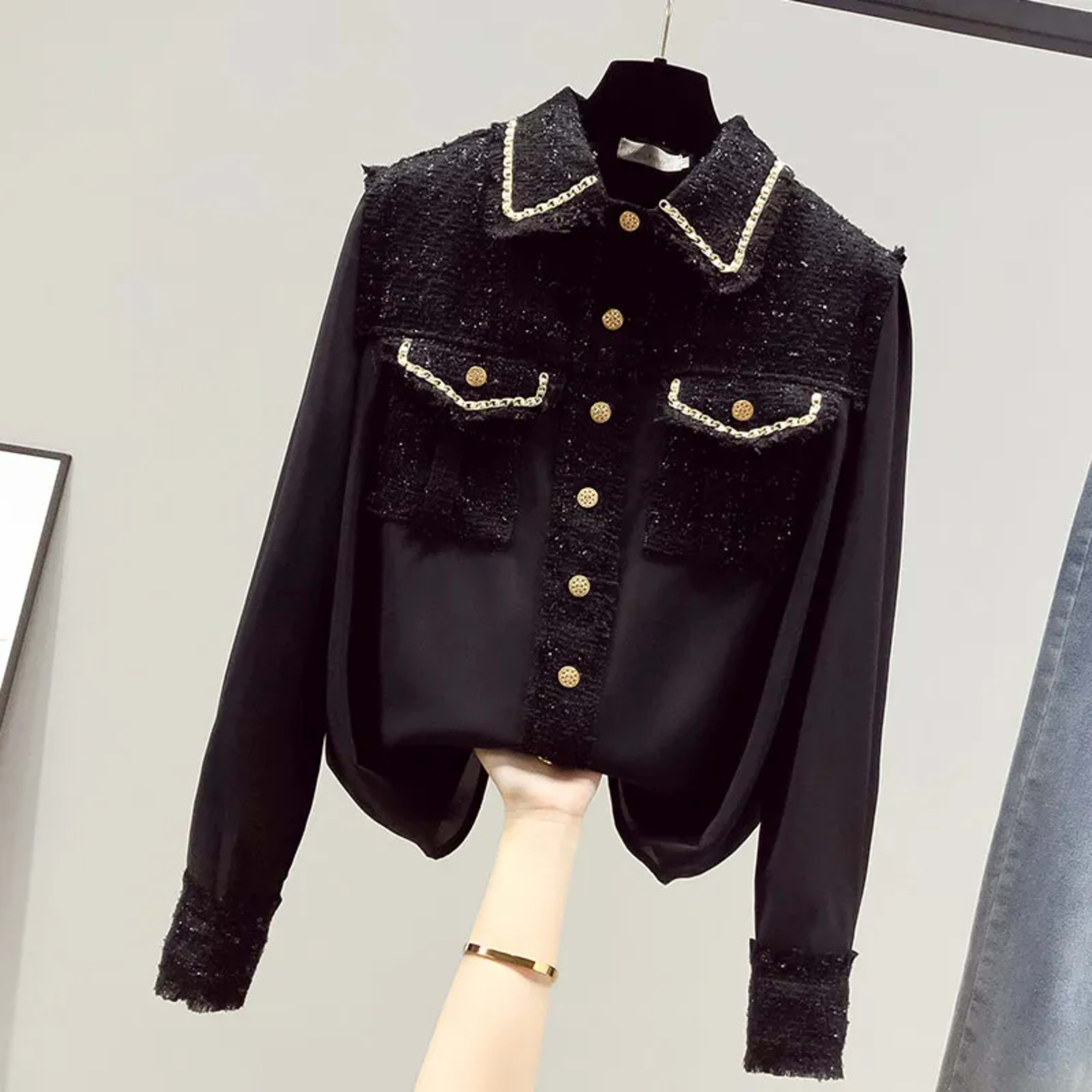 Women's Blouse 2025 Spring Summer New Tweed Patchwork Laple Long Sleeve Shirts Elegant Fashion Slim Tops Office Lady