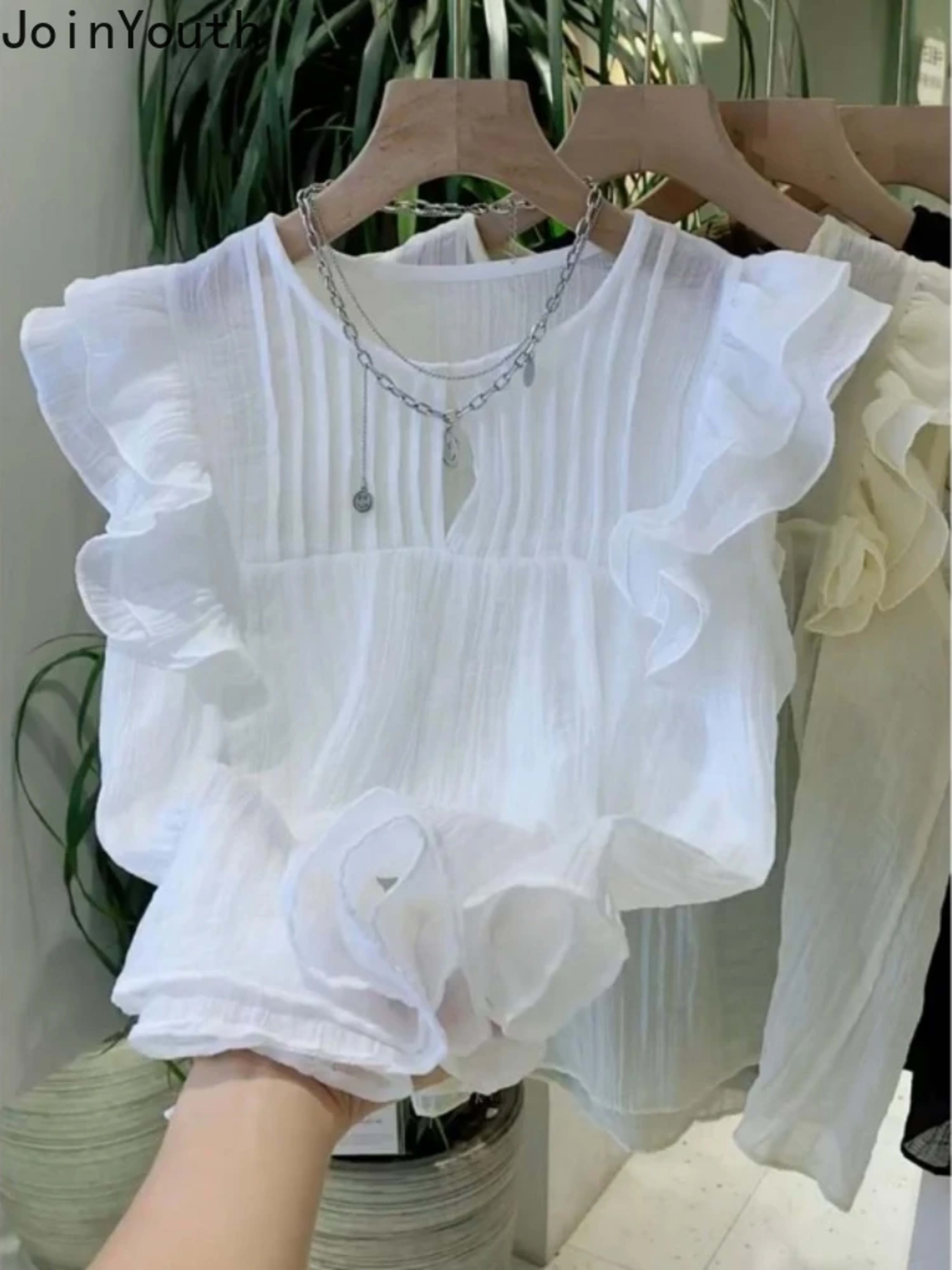 White Blouses for Women 2025 Blusas Mujer De Moda Sleeveless O-neck Loose Shirts Ruffles Loose Vintage Summer Blouse Top 6