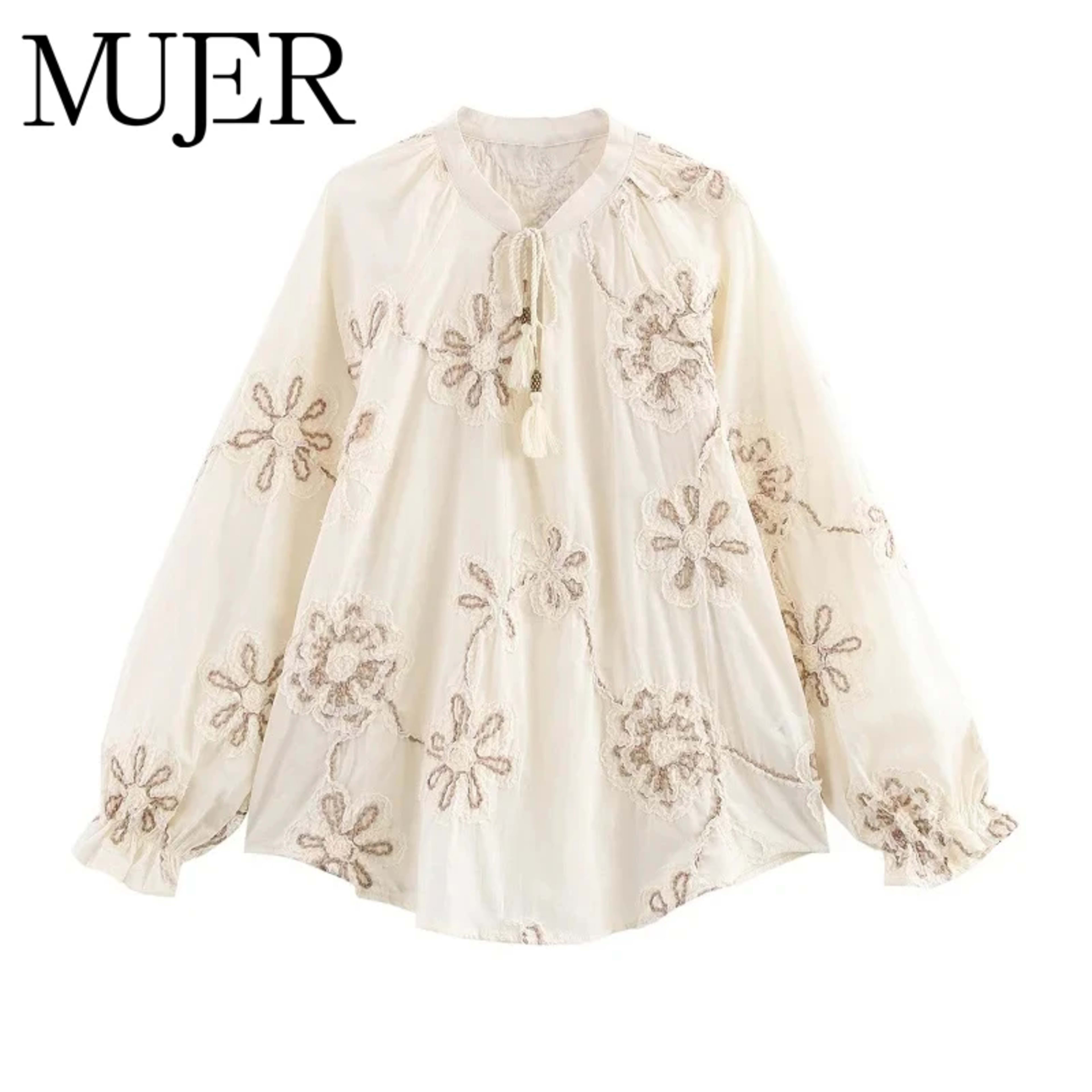 MUJER Flower Embroidered Blouses for Women Tassel Casual Shirts and Blouses Woman Ruched Beach Women's Blouse Summer Boh 1