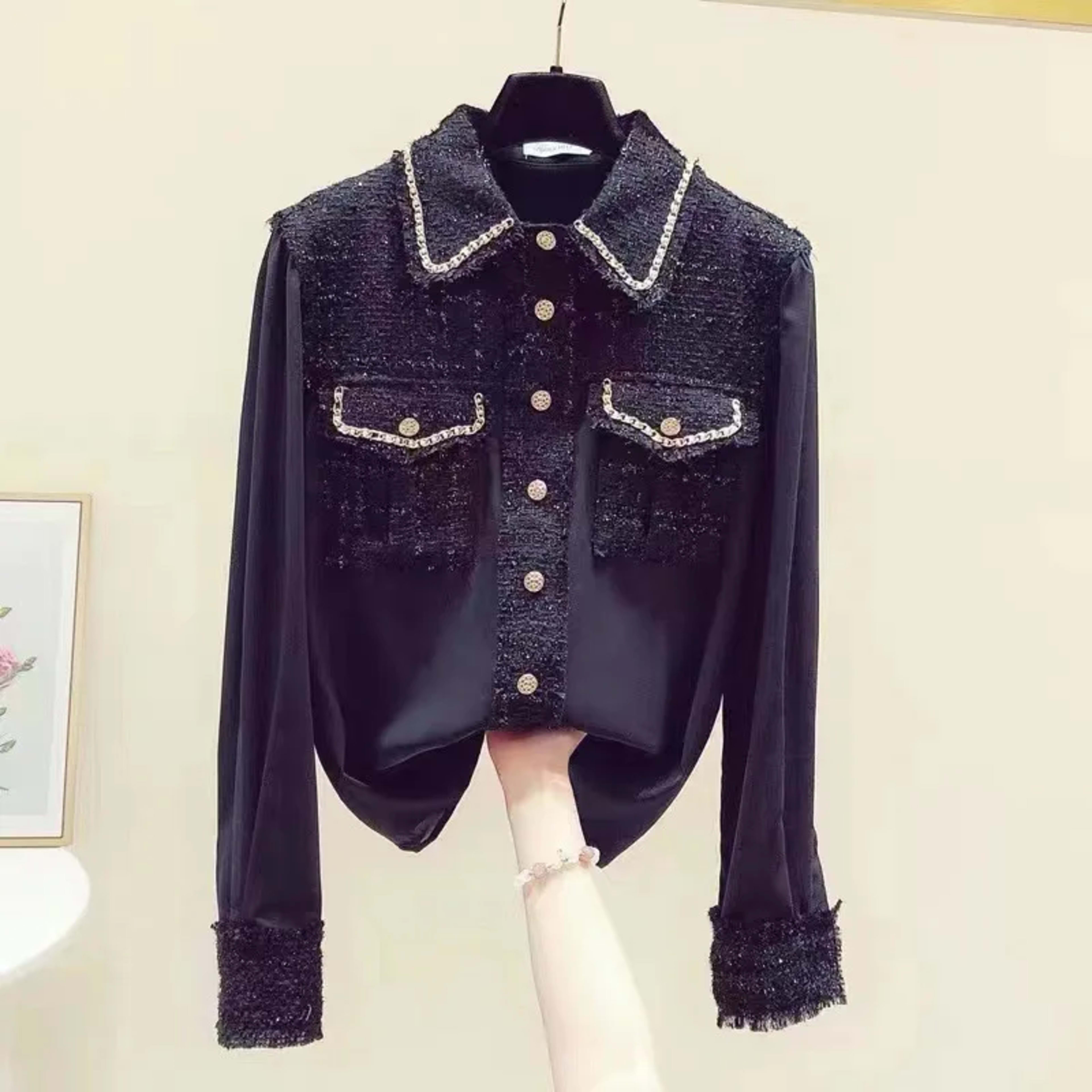 Women's Blouse 2025 Spring Summer New Tweed Patchwork Laple Long Sleeve Shirts Elegant Fashion Slim Tops Office Lady 4