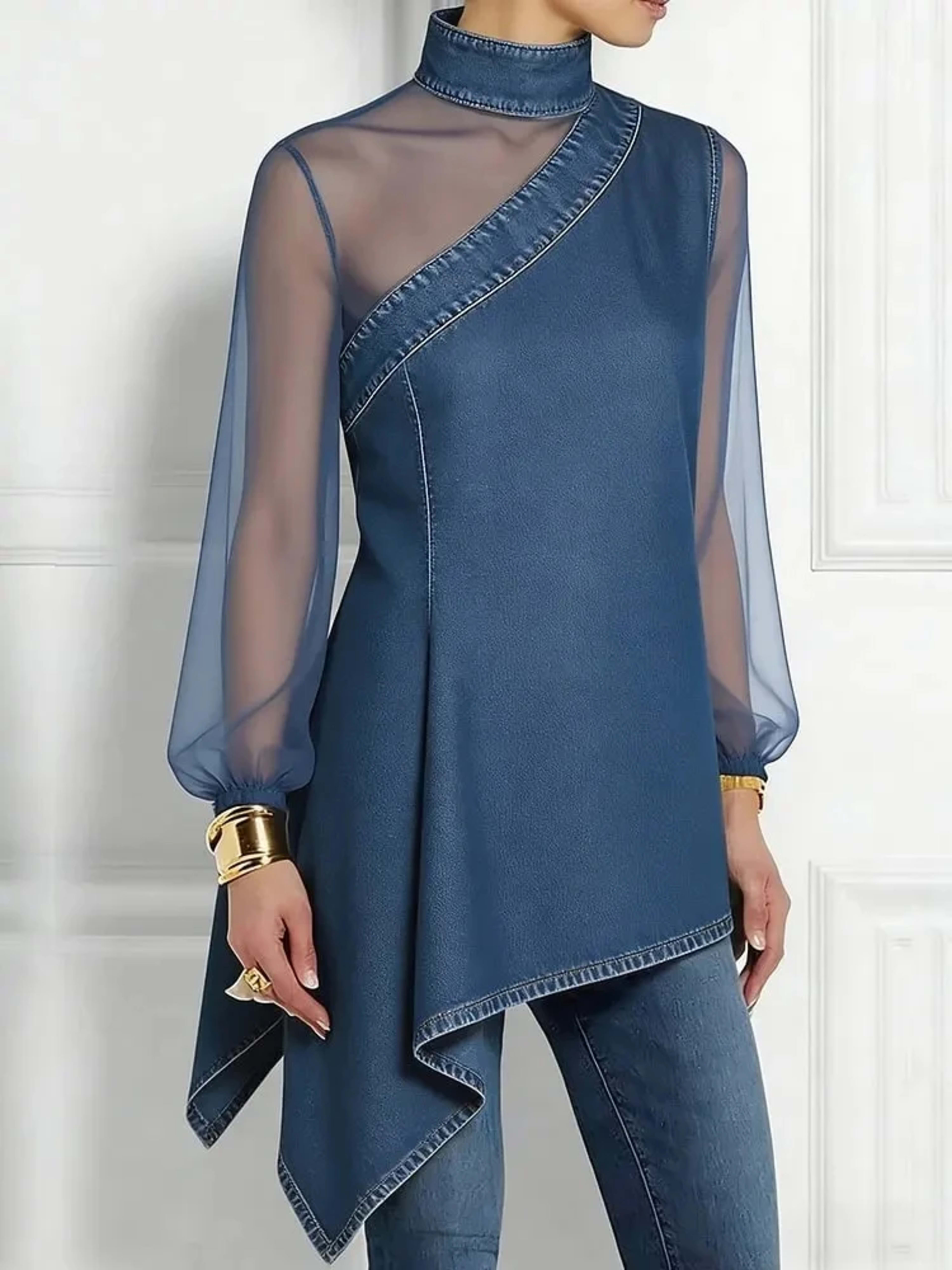 Women's Blouse Top Asymmetrical Denim Tunic with Sheer Mesh Long Sleeves High Neck Irregular Hem Fashion Blouse