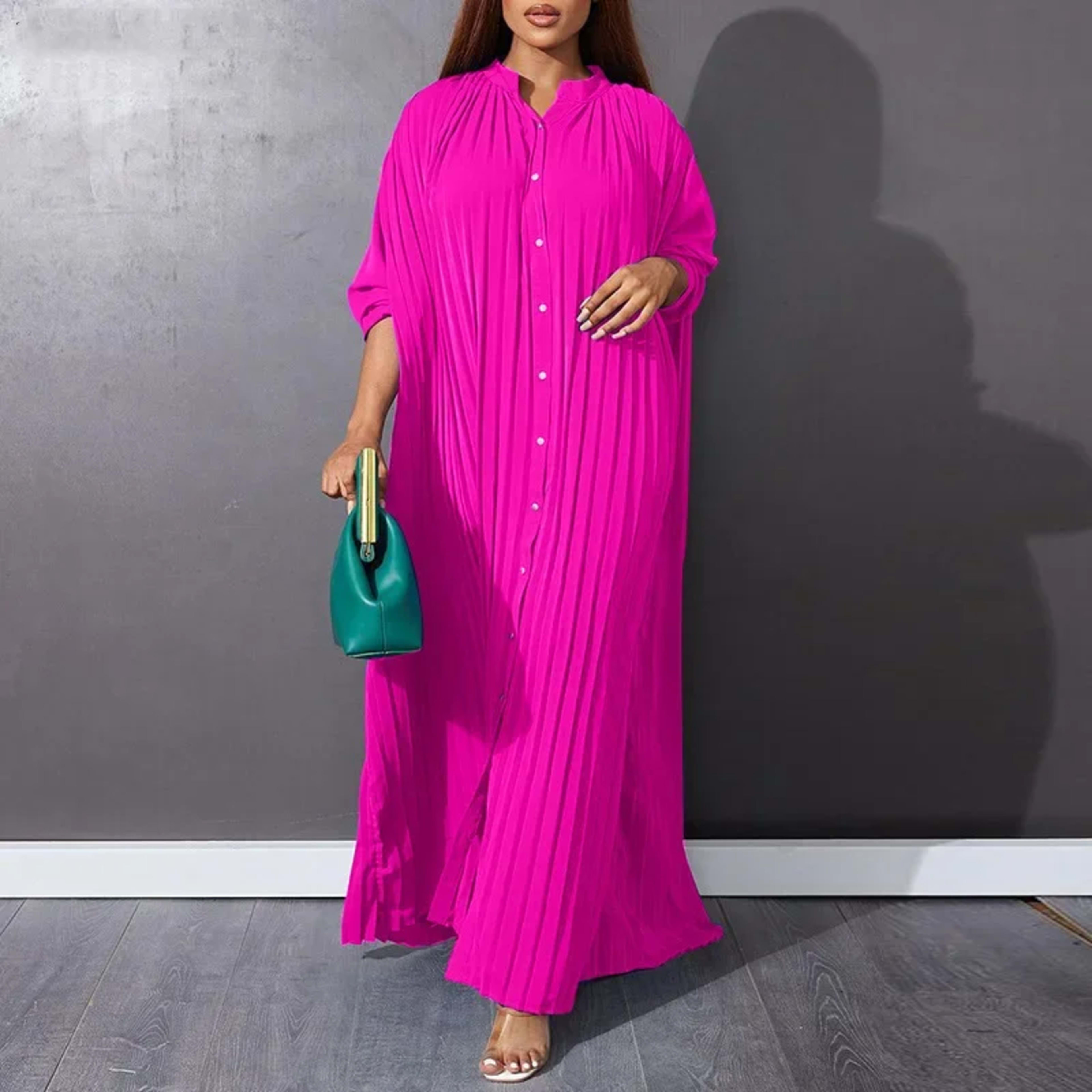 Women Eid Muslim Dresses Stand Collar Single Breasted Dubai Arab Vestidos Ramadan Casual Loose Kaftan Dress Solid Pleate 5