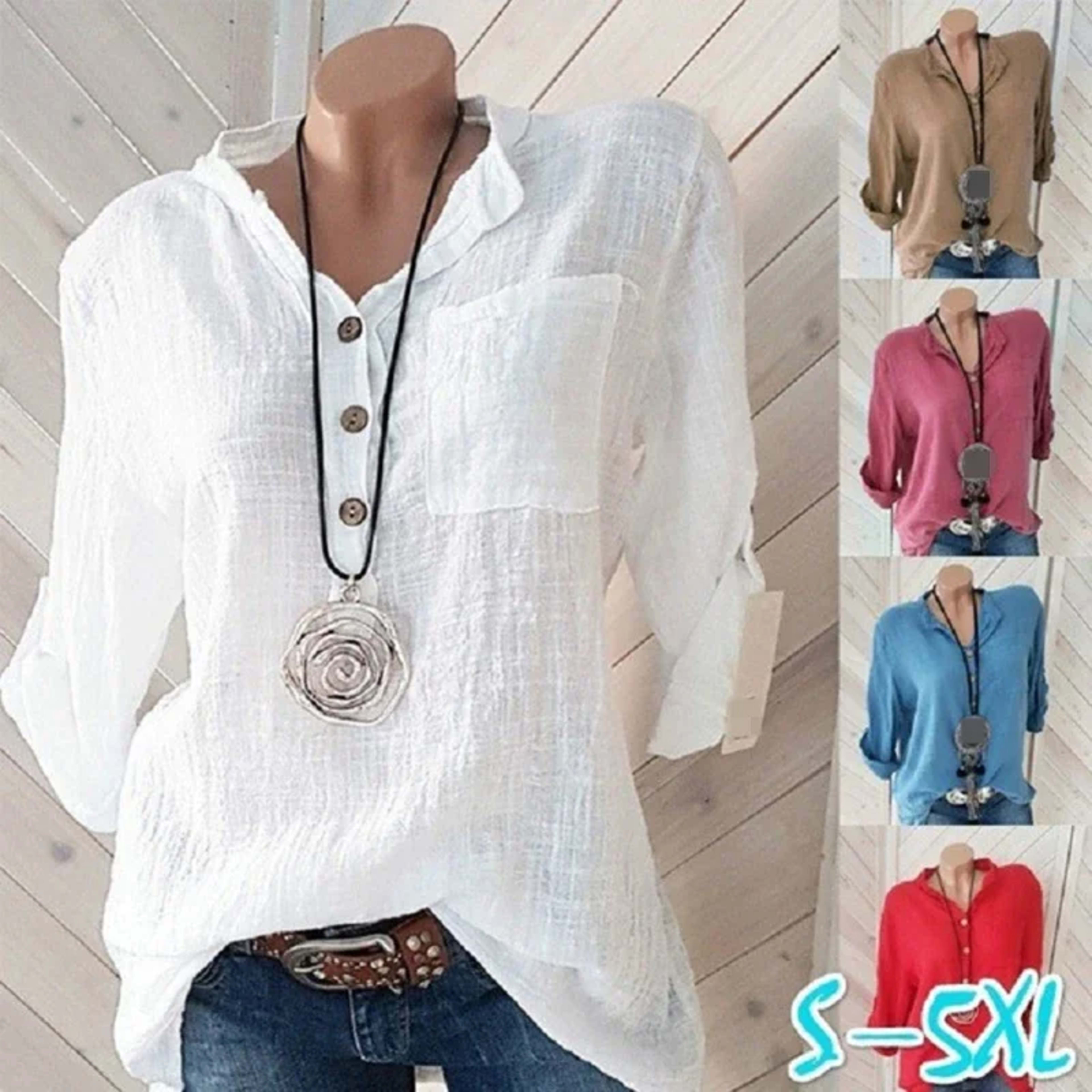 Women Blouses Cotton Linen Blouse Autumn Shirts Casual Long Sleeve Button V Neck Loose Shirt Lady Tops Tailor-made T-Shi 1