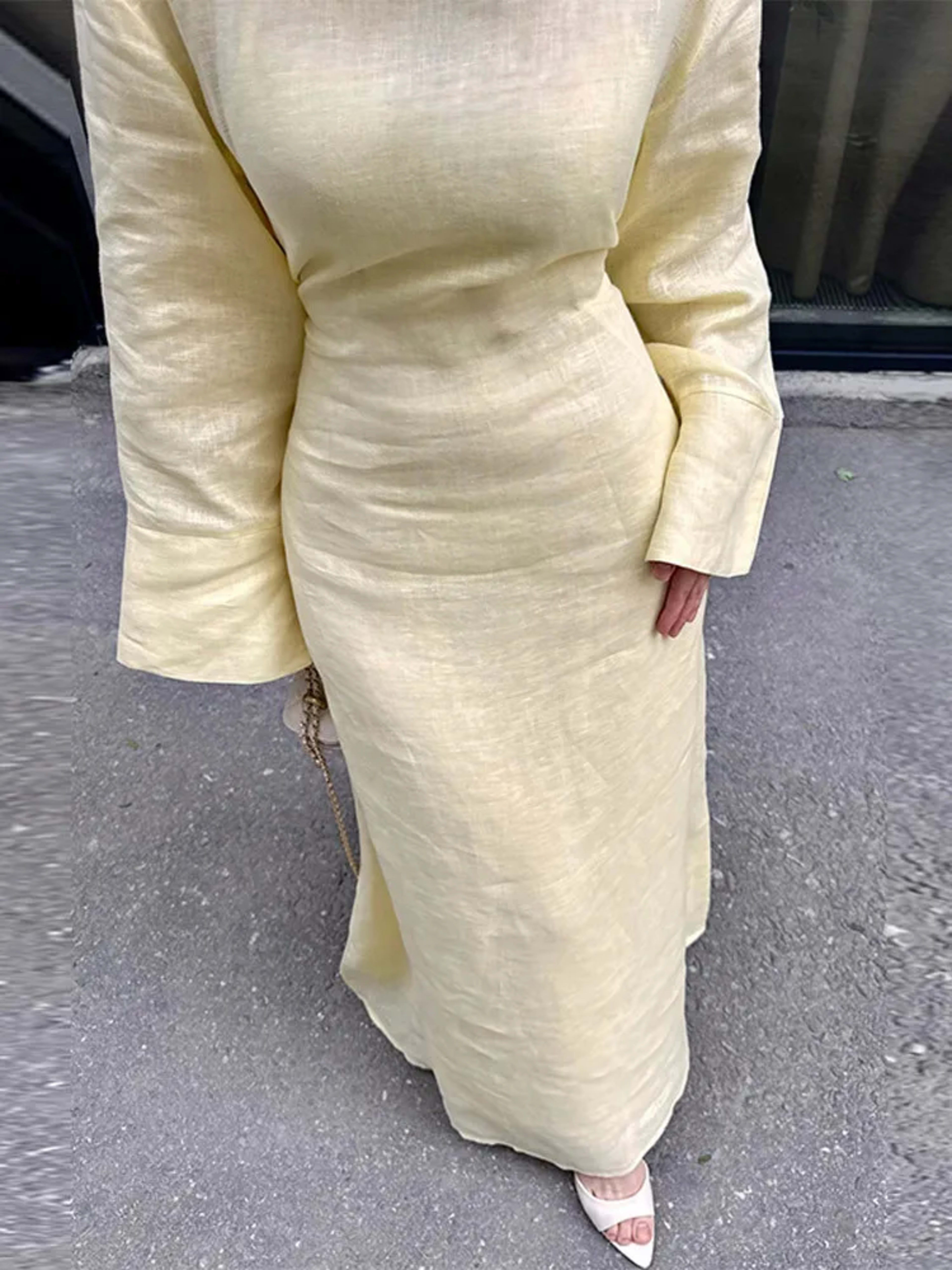 Women' Dresses Elegant O-Neck Cotton Lined Back Lace Up  Flare Sleeve Waist Cinching Long Robes Female Summer Lady Dress 2