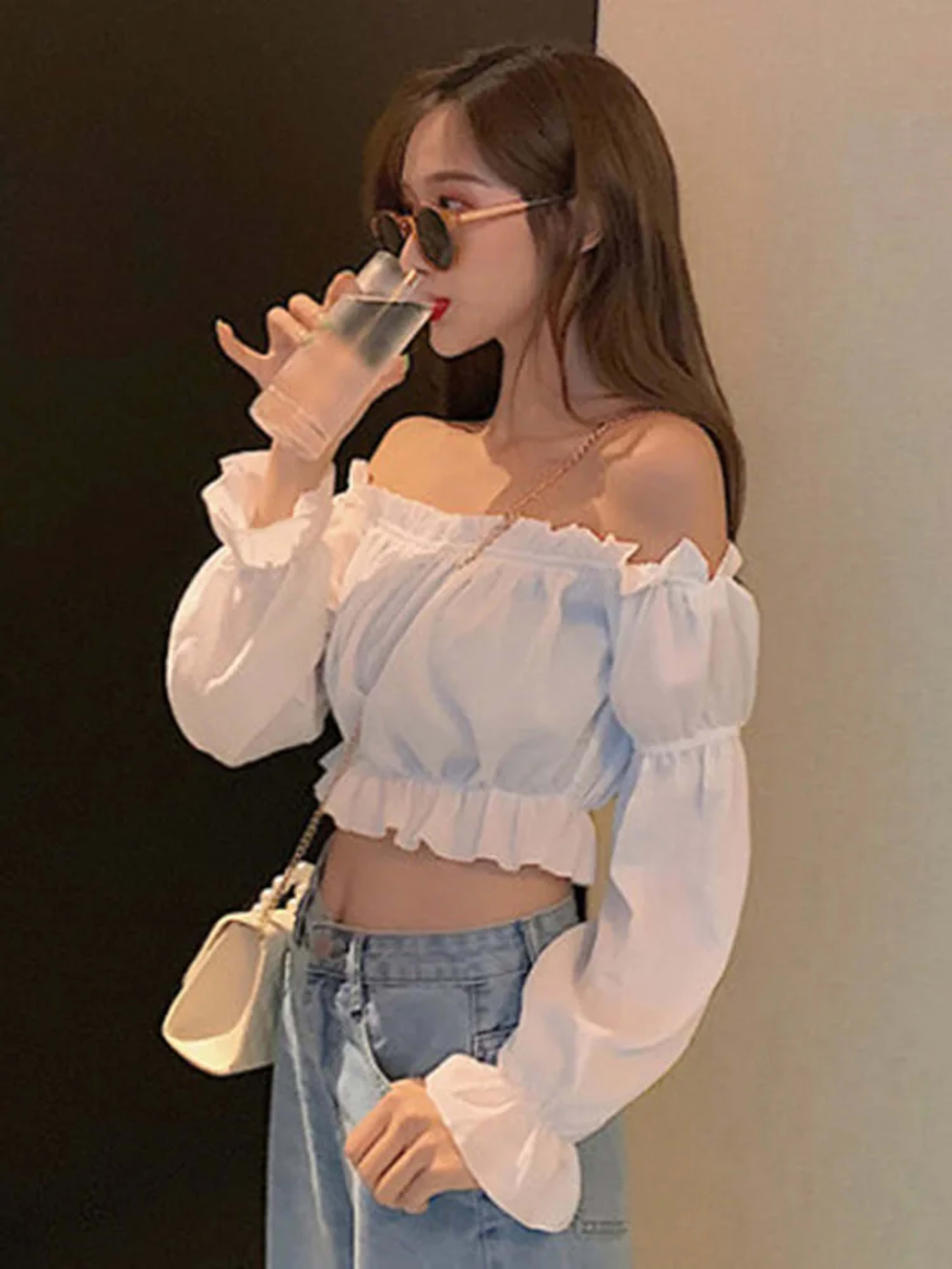 Women Top Sexy Blouse Off Shoulder Top Long Sleeve Solid Color White Shirt Puff Sleeve Ruffle Tunic Crop Top Summer Tube 5