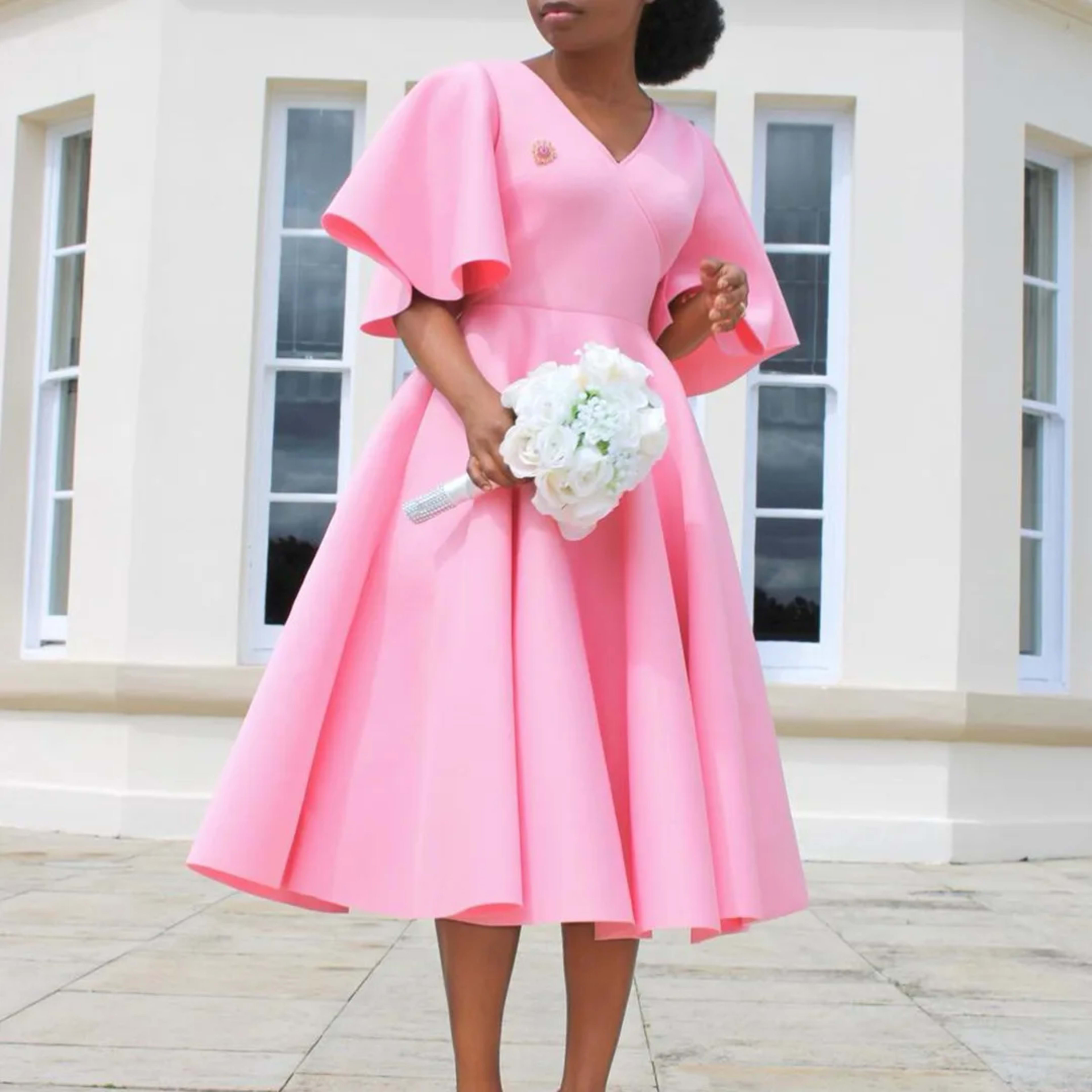 Elegant Dresses for Women V Neck Flare Sleeve High Waisted Pleated A Line Mid Calf Luxury Birthday Party Dinner Vestidos