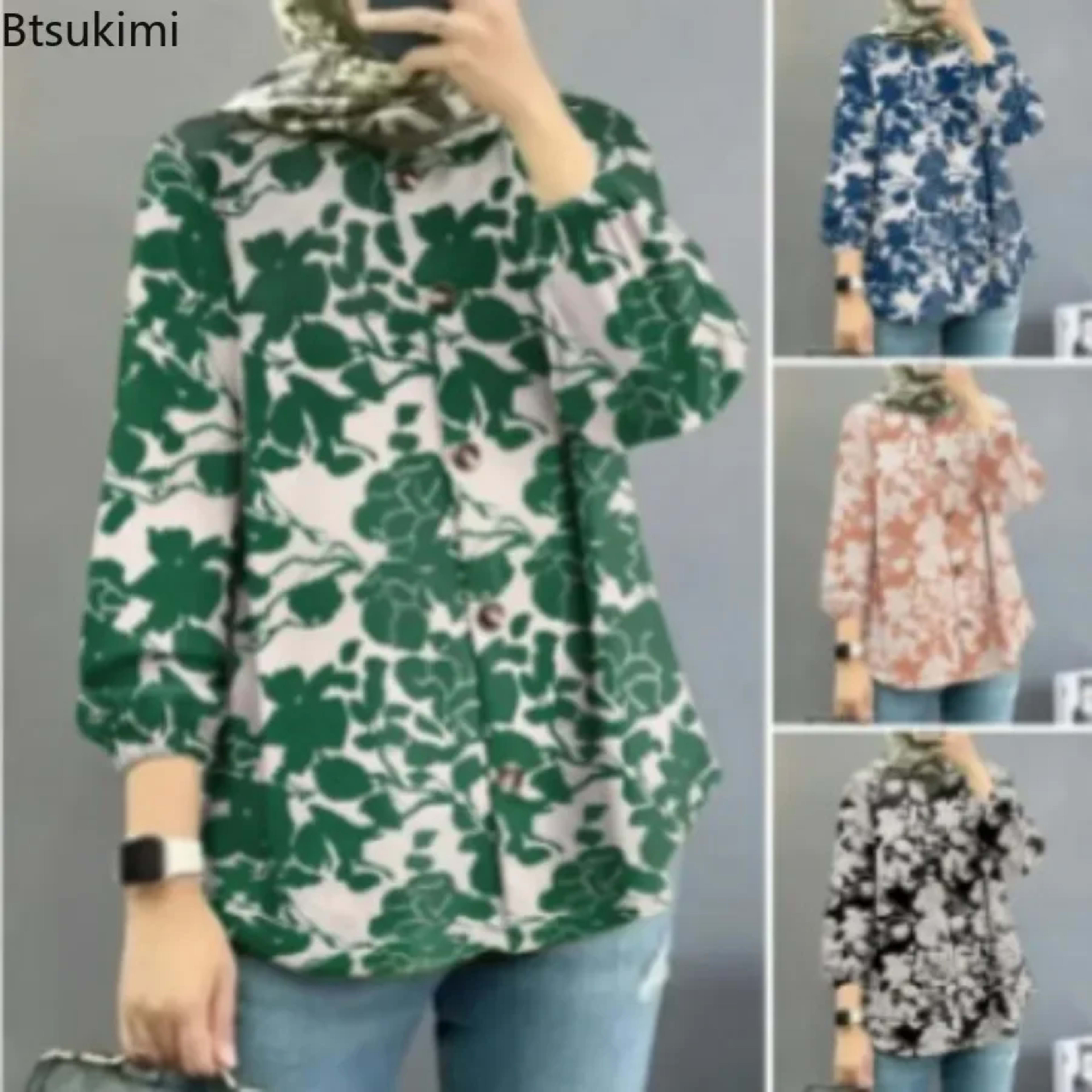 2026 Women Bohemian Blouse Vintage Floral Print Long Sleeve Lace-up Shirt Tops Casual Fashion Muslim Abaya Holiday Blusa 1