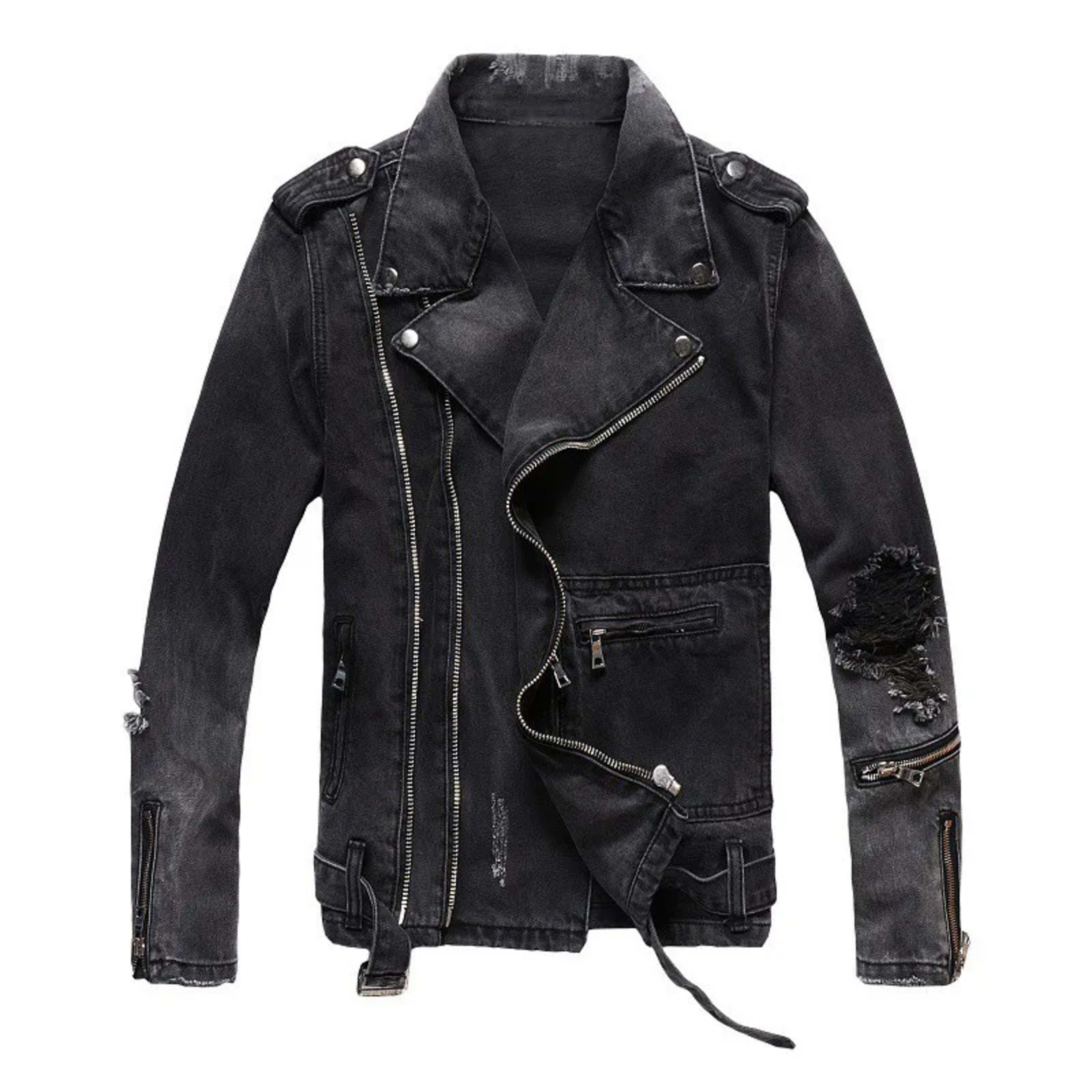 Men's Denim Jacket for Autumn and Winter. American Retro High Street Punk Style Fashionable Ripped Slim-fit Motorcycle J