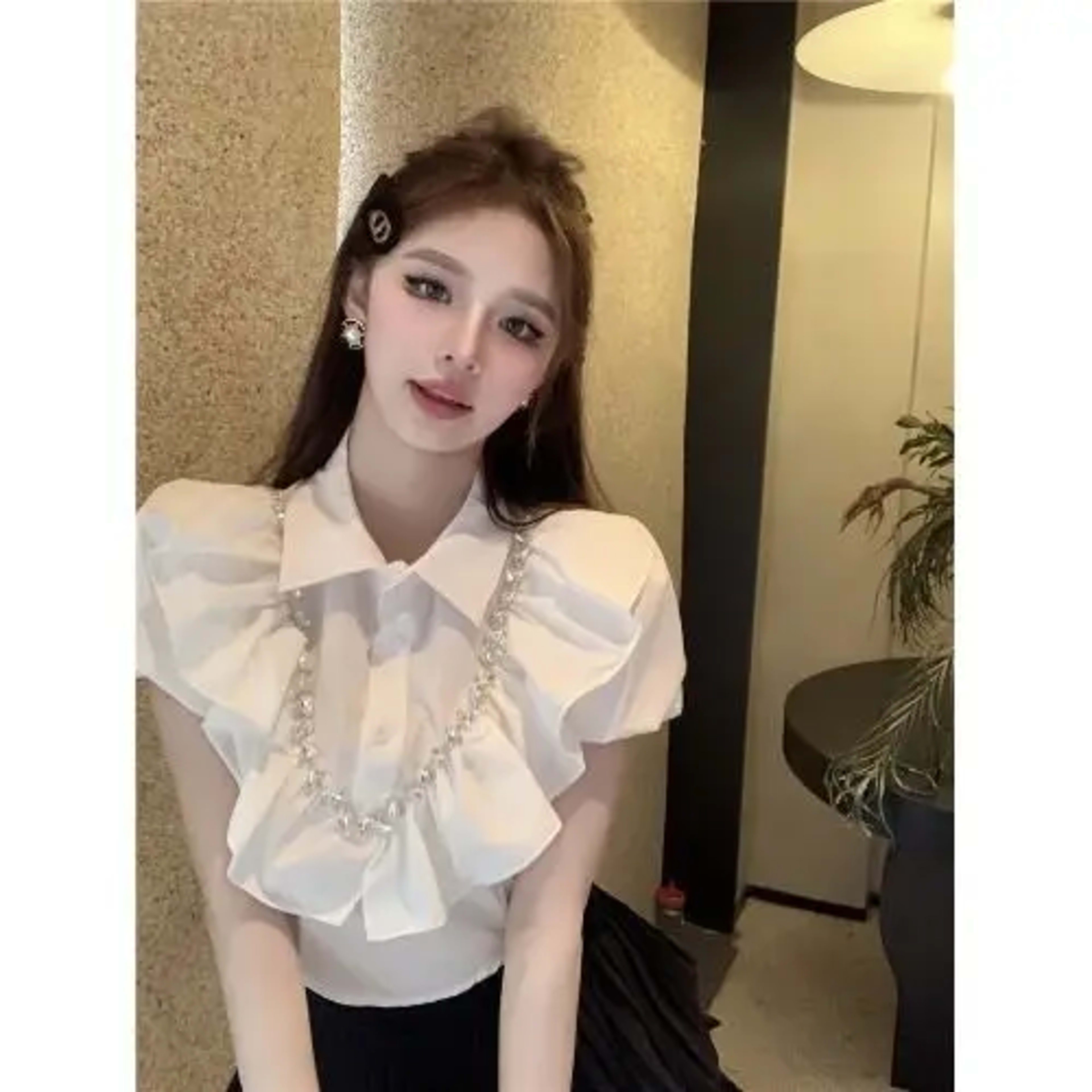 White Women Blouses 2025 Blusas Mujer De Moda Puff Sleeve Slim Fit Heavy Diamond Crop Tops Ruffles Sweet Summer Blouse S 9