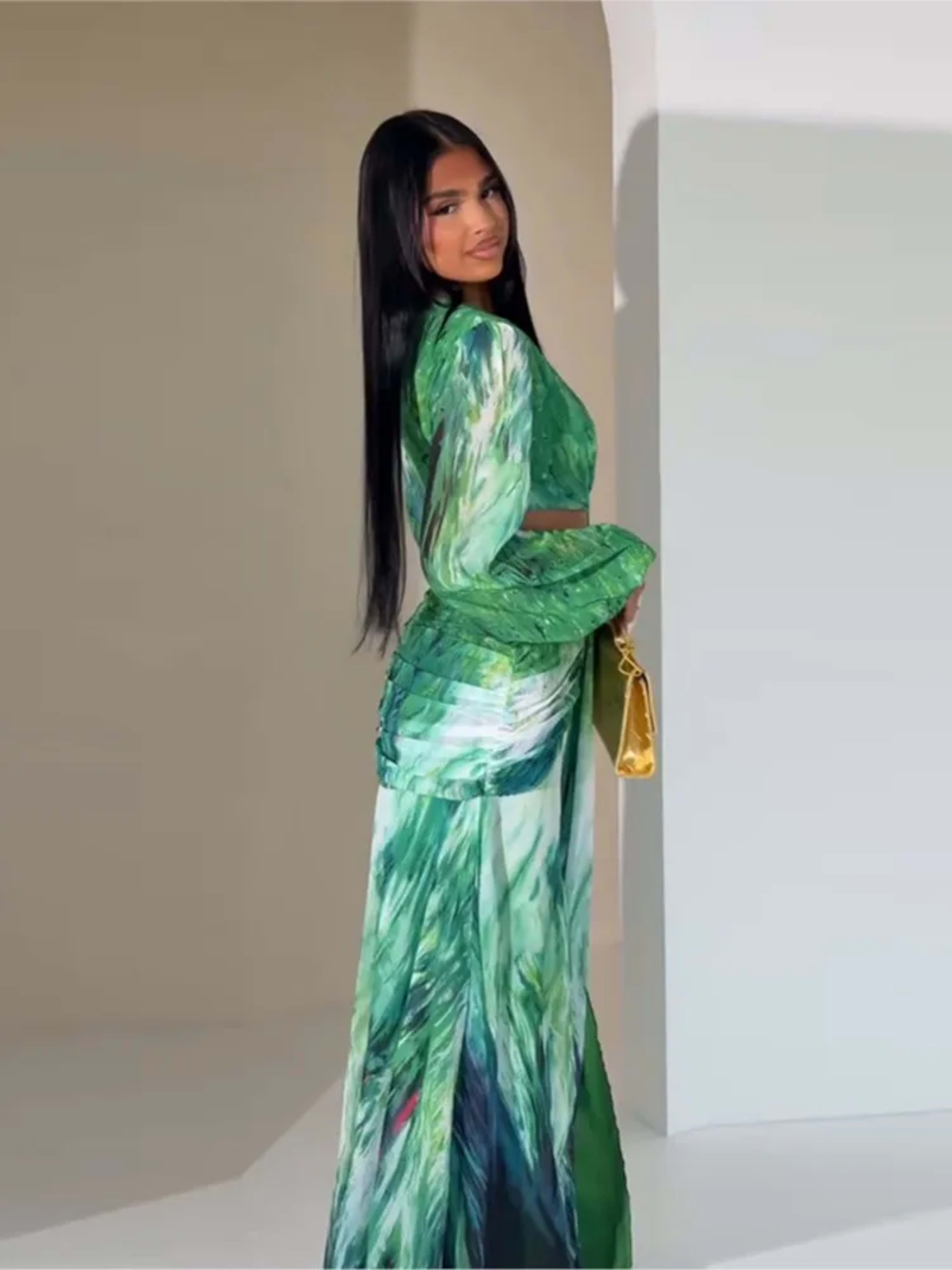 Women's Dress 2025 Fashion Summer New Vestidos Para Mujer Women's Vacation Elegant Style Long Sleeve Split Printed Slit  2