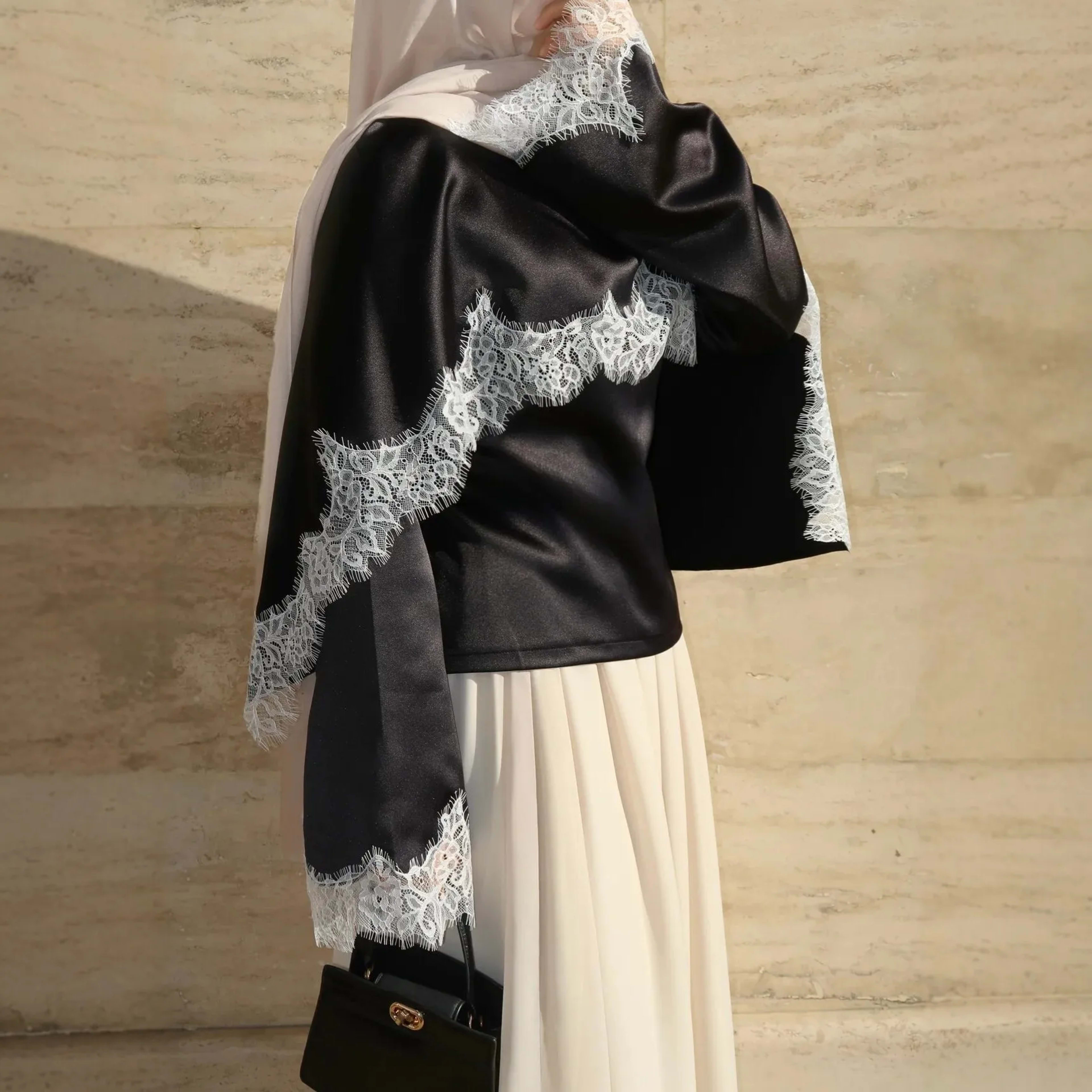 Women Top Blouse Fake Two Pieces Lace Patchwork Eid Muslim T Shirts Round Collar Flare Sleeve Dubai Ramadan Blouses Spri 2