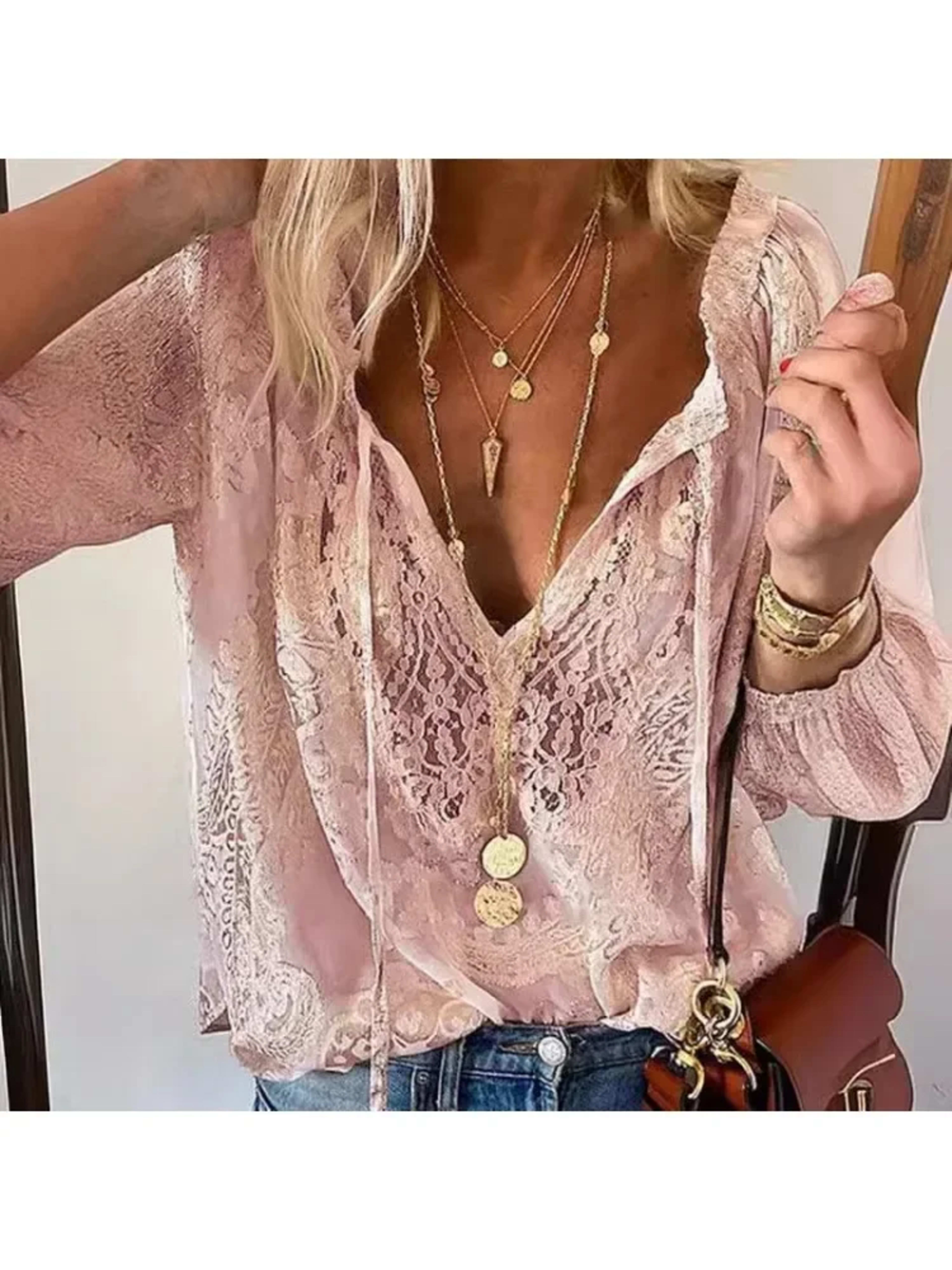 Women's Blouses Fashion Boho Lace Hollow Out Deep V Neck Pullover Shirt Women Elegant Casual Blouse Female Tops Spring S 2