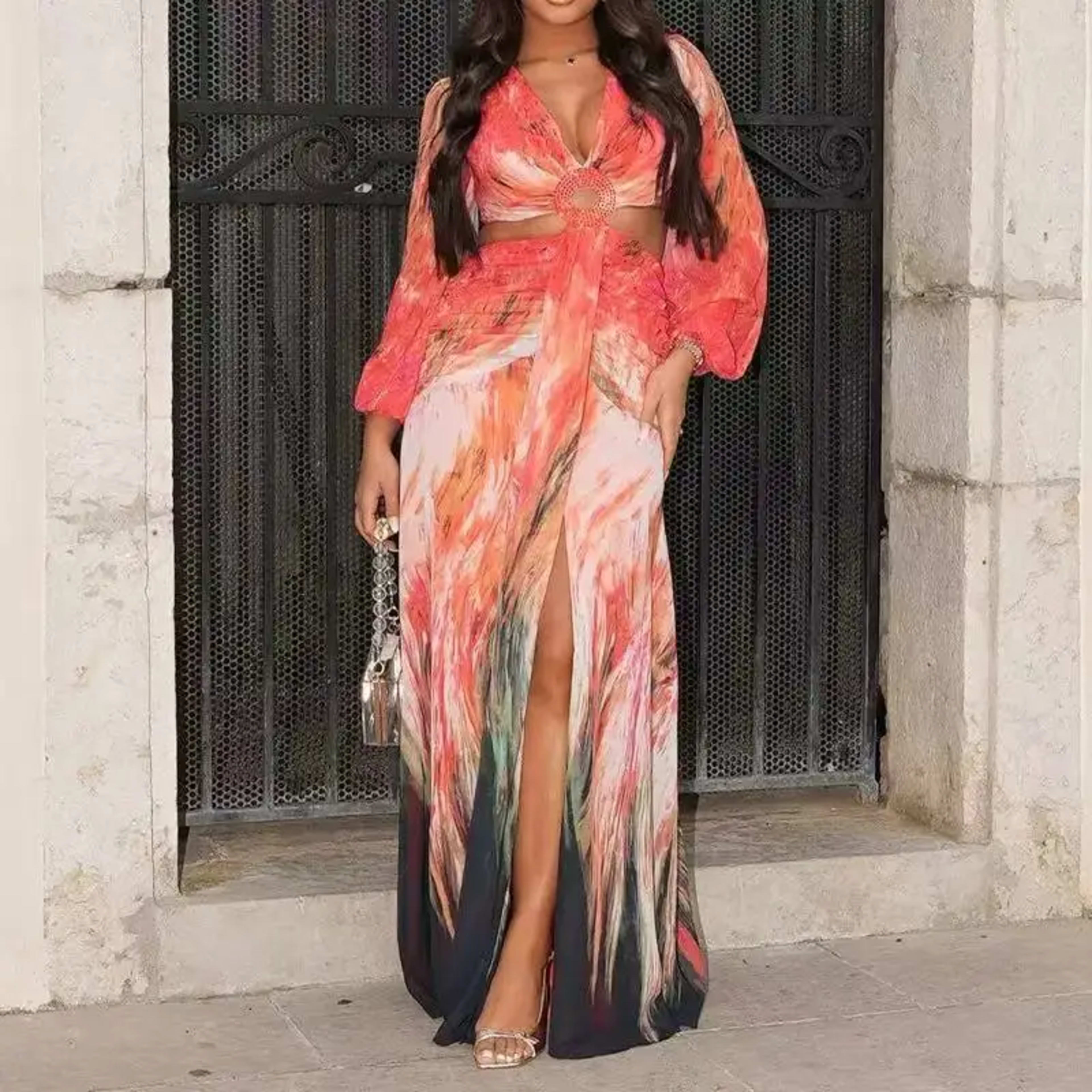 Women's Dress 2025 Fashion Summer New Vestidos Para Mujer Women's Vacation Elegant Style Long Sleeve Split Printed Slit  8