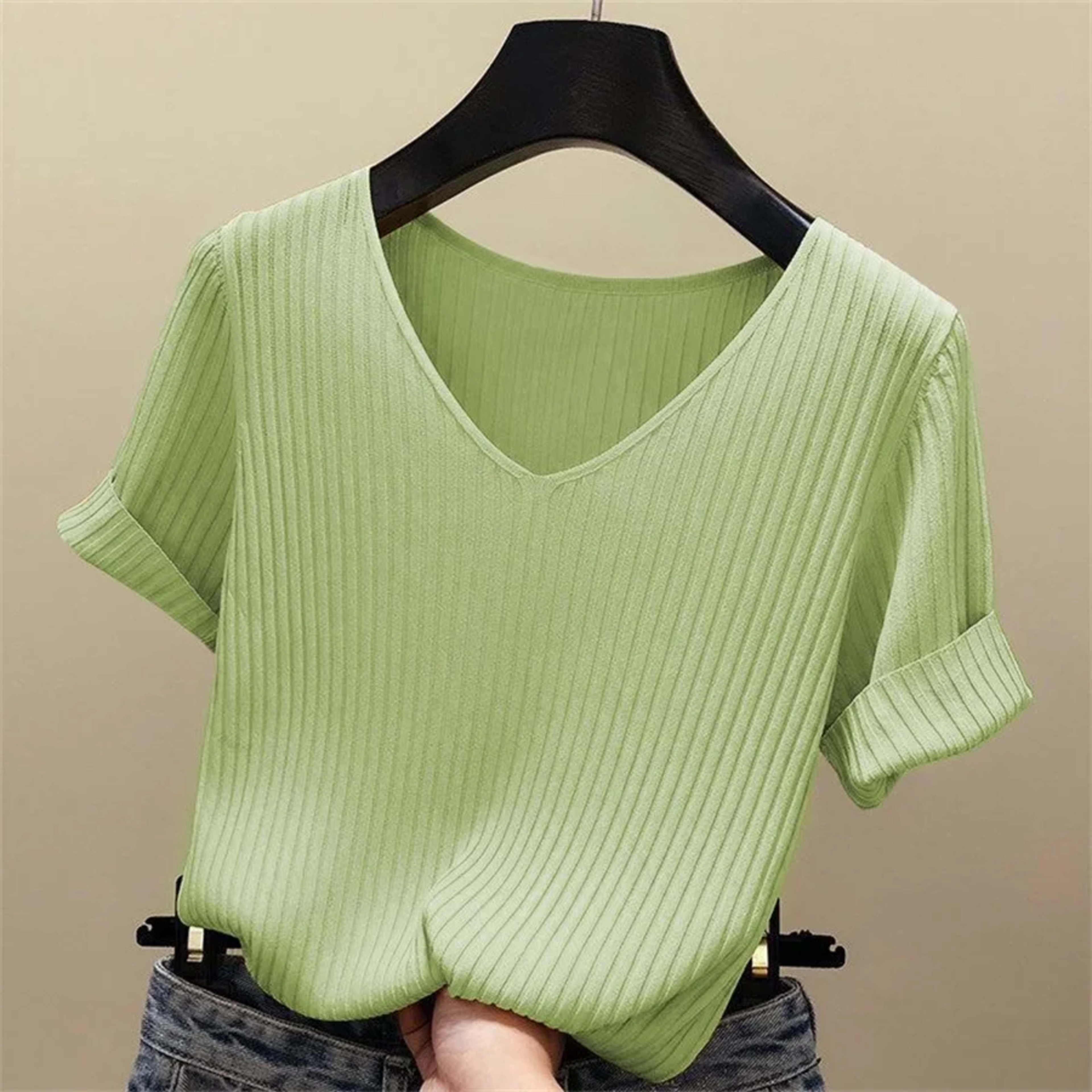 Blouse Women Blusas Mujer De Moda Verano Short Sleeve Blouse V-Neck Knitted Blouse Shirt Tops Women Blusas DF4907 2
