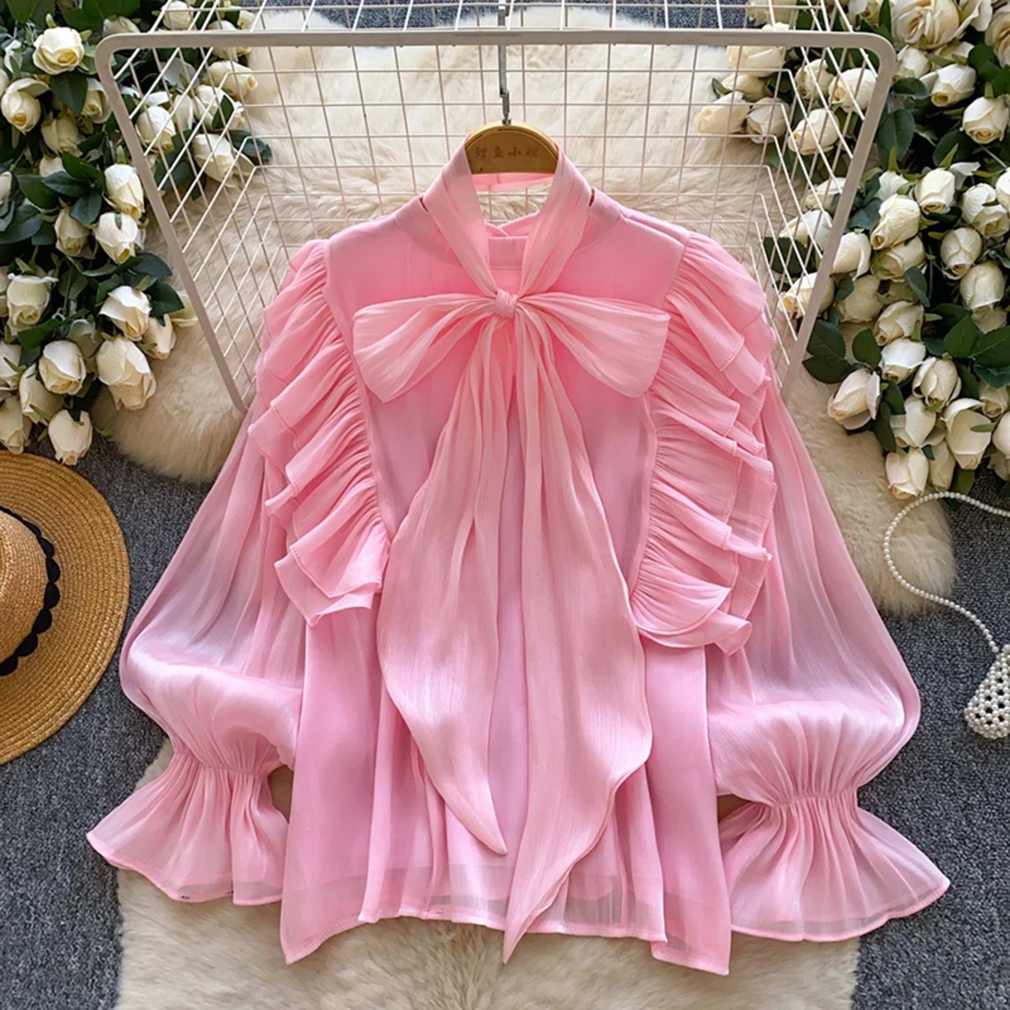 Women Blouse Elegant Bow-detailed Chiffon Blouse Ruffle Hem Featuring Lightweight Layering Piece Spring Summer Blusa Top 8
