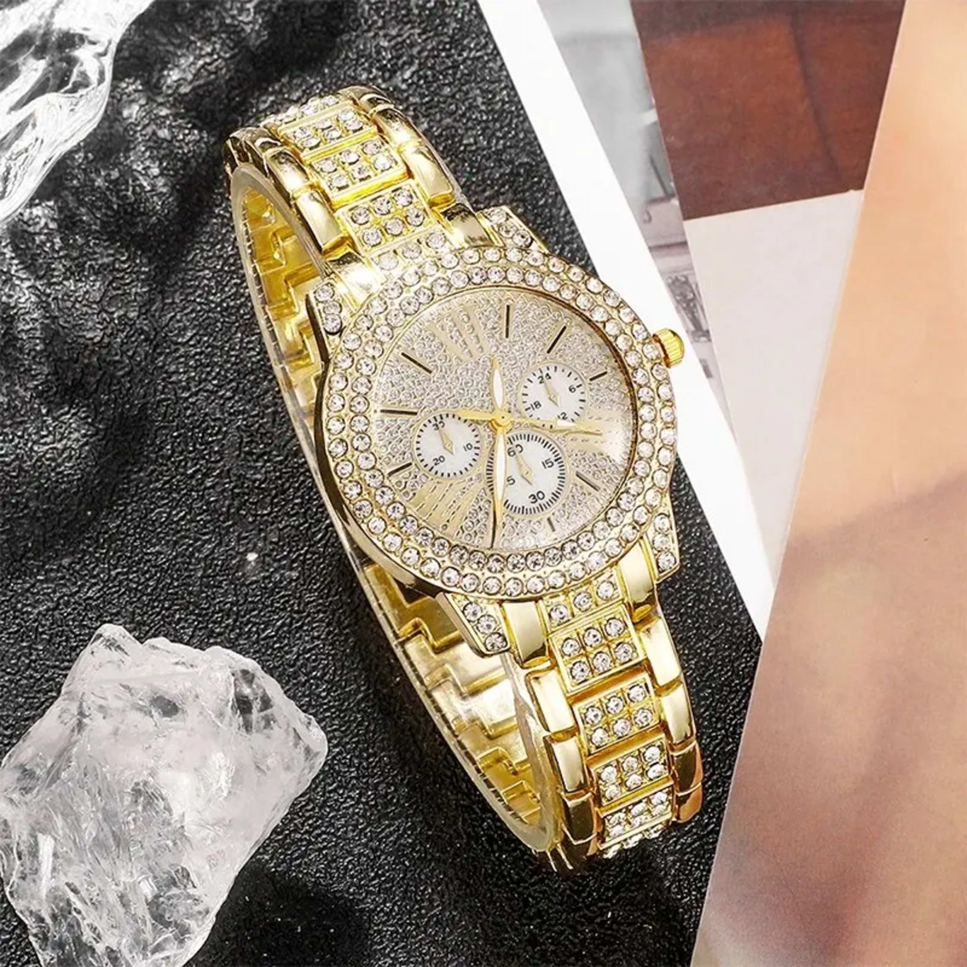 Women's Quartz Watch Gold Luxury Women Ring Necklace Earring Rhinestone Fashion Wristwatch Casual Ladies Watches Jewelry 4