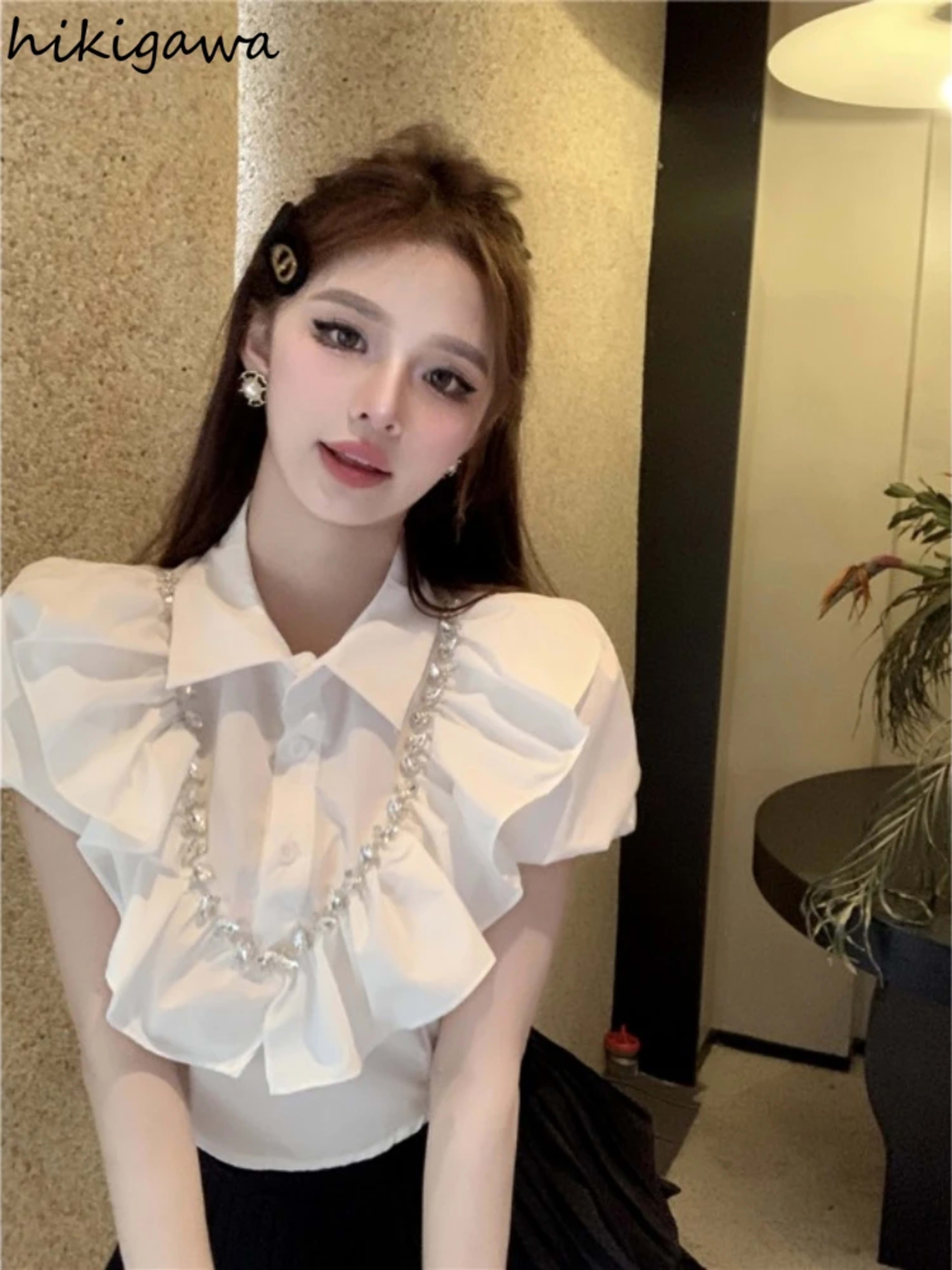 White Women Blouses 2025 Blusas Mujer De Moda Puff Sleeve Slim Fit Heavy Diamond Crop Tops Ruffles Sweet Summer Blouse S 1