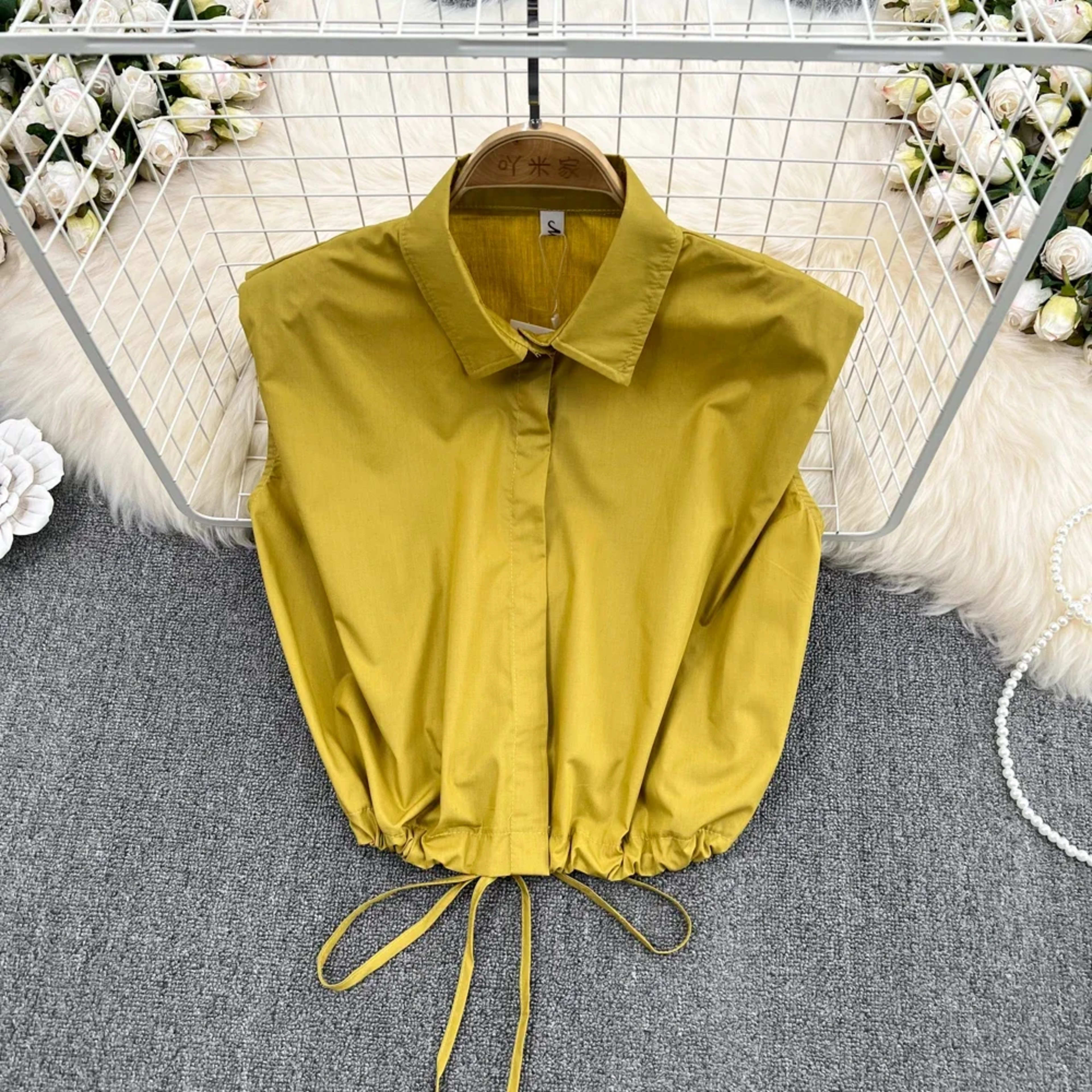 Women Blouse Tops Turn-down Collar Solid Color Sleeveless Draw String Blusas Femininas Vintage Summer Camisas Almighty D 3