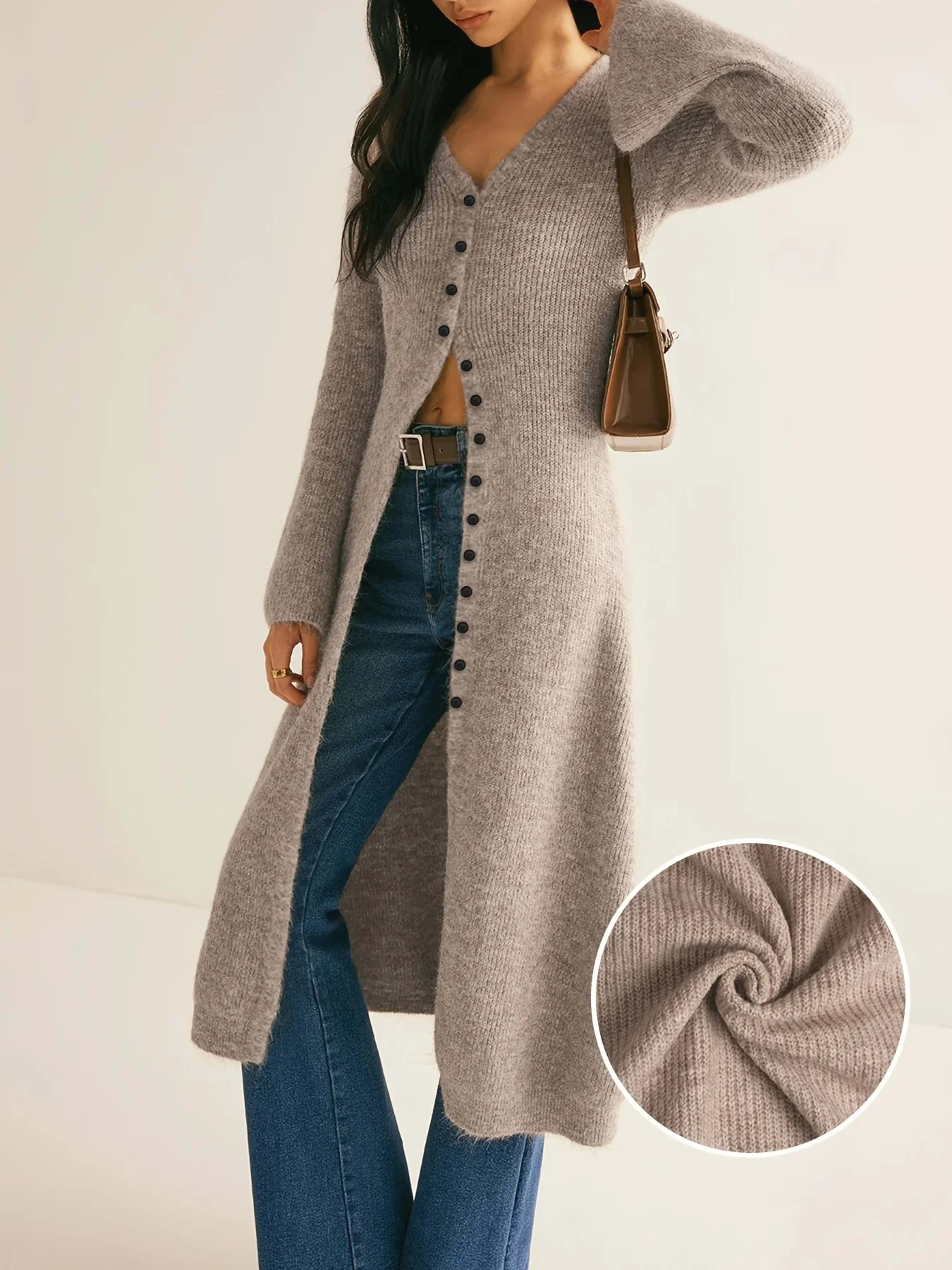 Women's Dress: High-end French V-neck Slimming Knitted Cardigan, Mid-length Solid-color Knitted Long Dress for Women Win