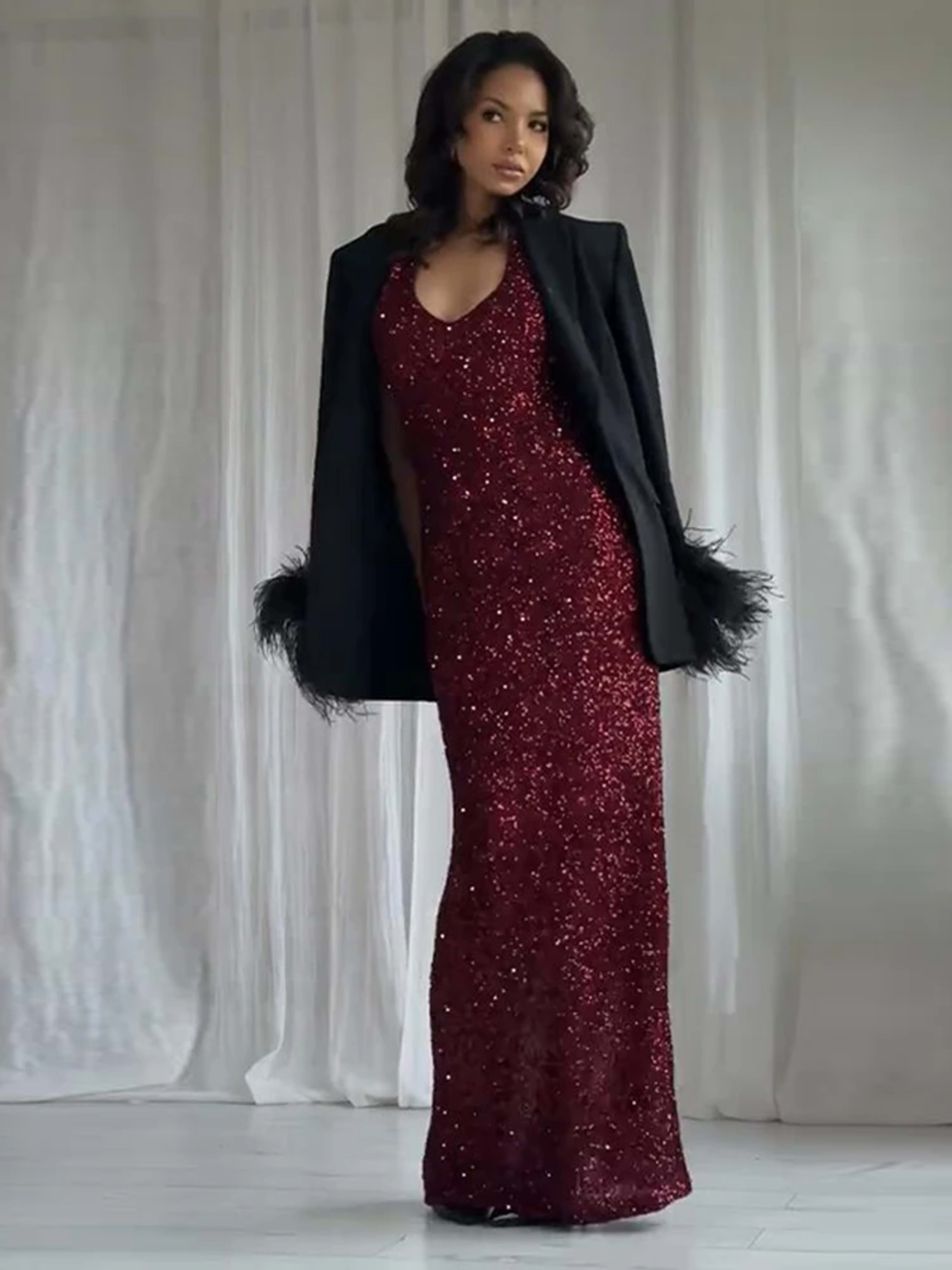 Women's Dresses Trend 2025 Elegant Party Long Evening Dresses Female Clothing Sequin Halter-Neck Maxi Dress Sleeveless O 4