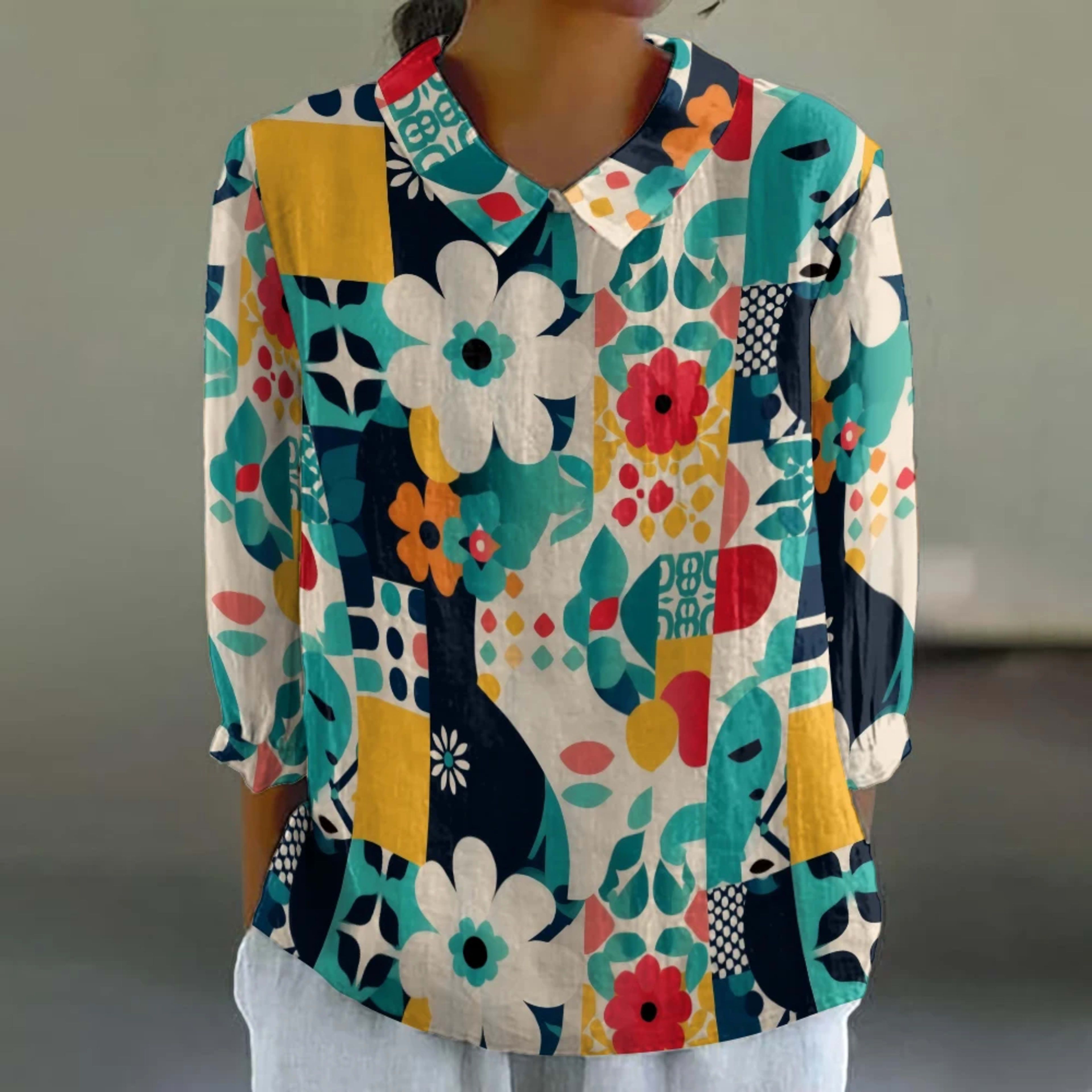 Women's Floral Shirt Cute 3/4 Sleeve Blouse Breathable Vacation Top Resort Style Button Down Tunic Summer Casual Shirt P 9