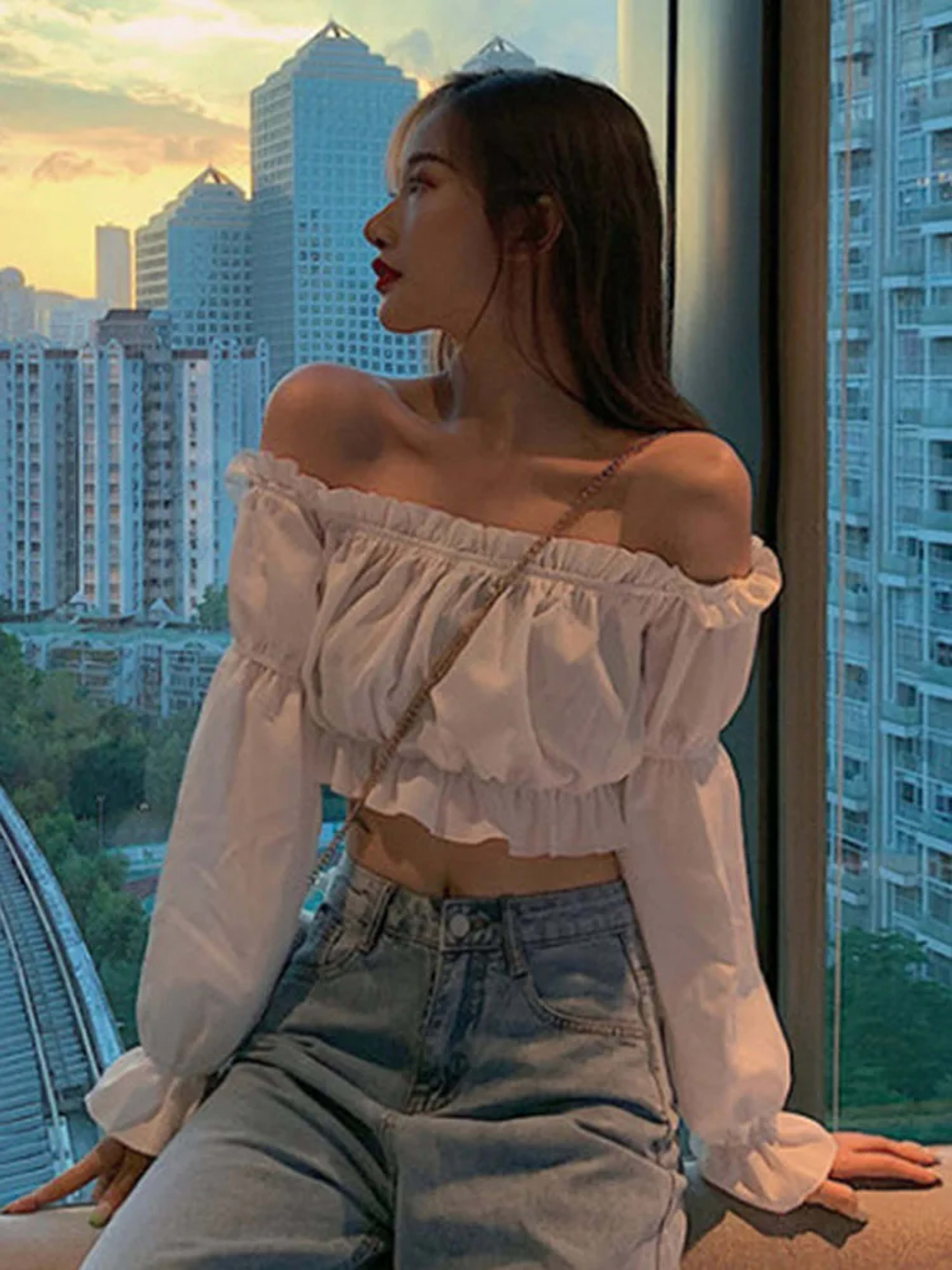 Women Top Sexy Blouse Off Shoulder Top Long Sleeve Solid Color White Shirt Puff Sleeve Ruffle Tunic Crop Top Summer Tube 4