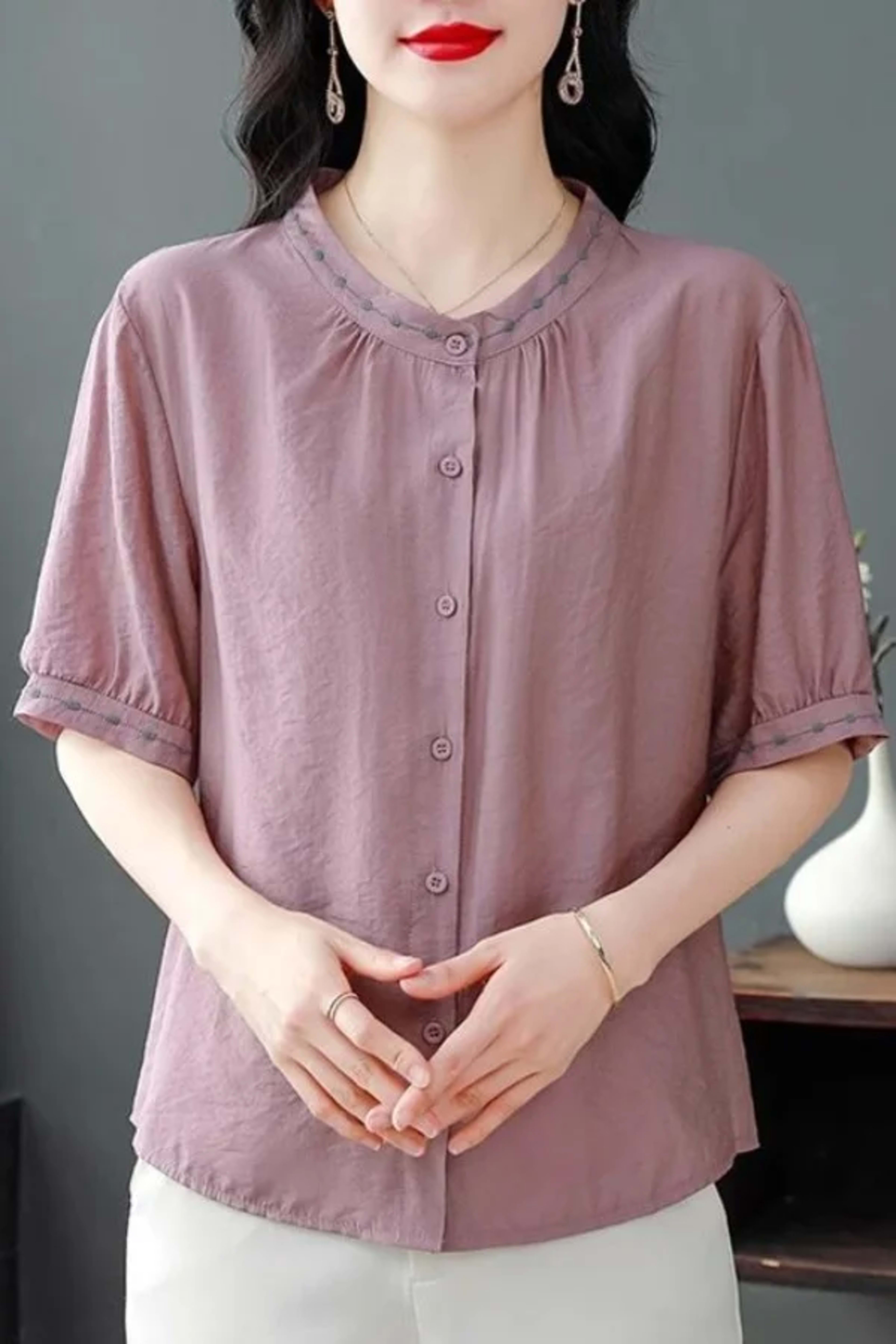 Embroidered Blouse Women Short Sleeve Summer Loose Slimming Top 1