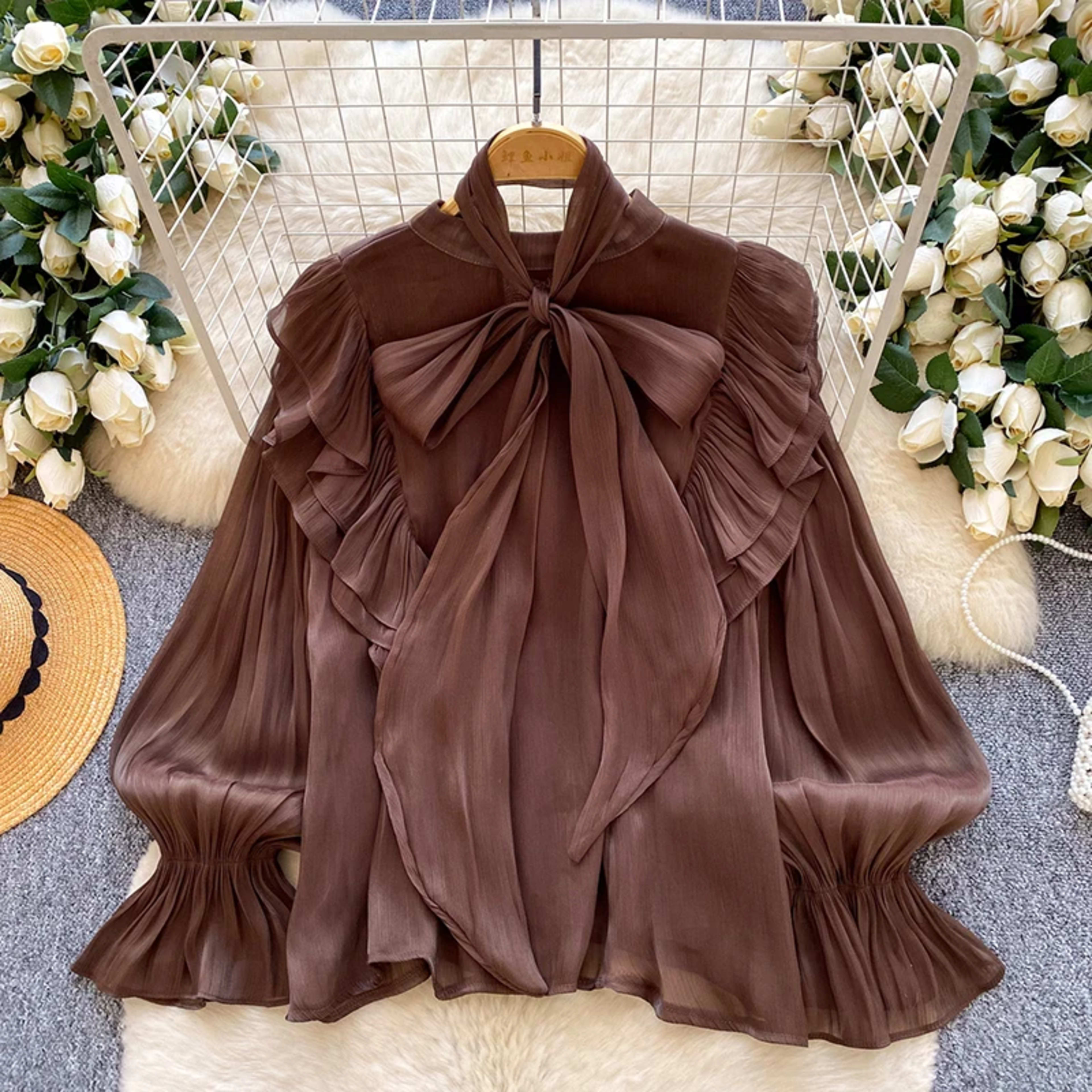 Women Blouse Elegant Bow-detailed Chiffon Blouse Ruffle Hem Featuring Lightweight Layering Piece Spring Summer Blusa Top 10
