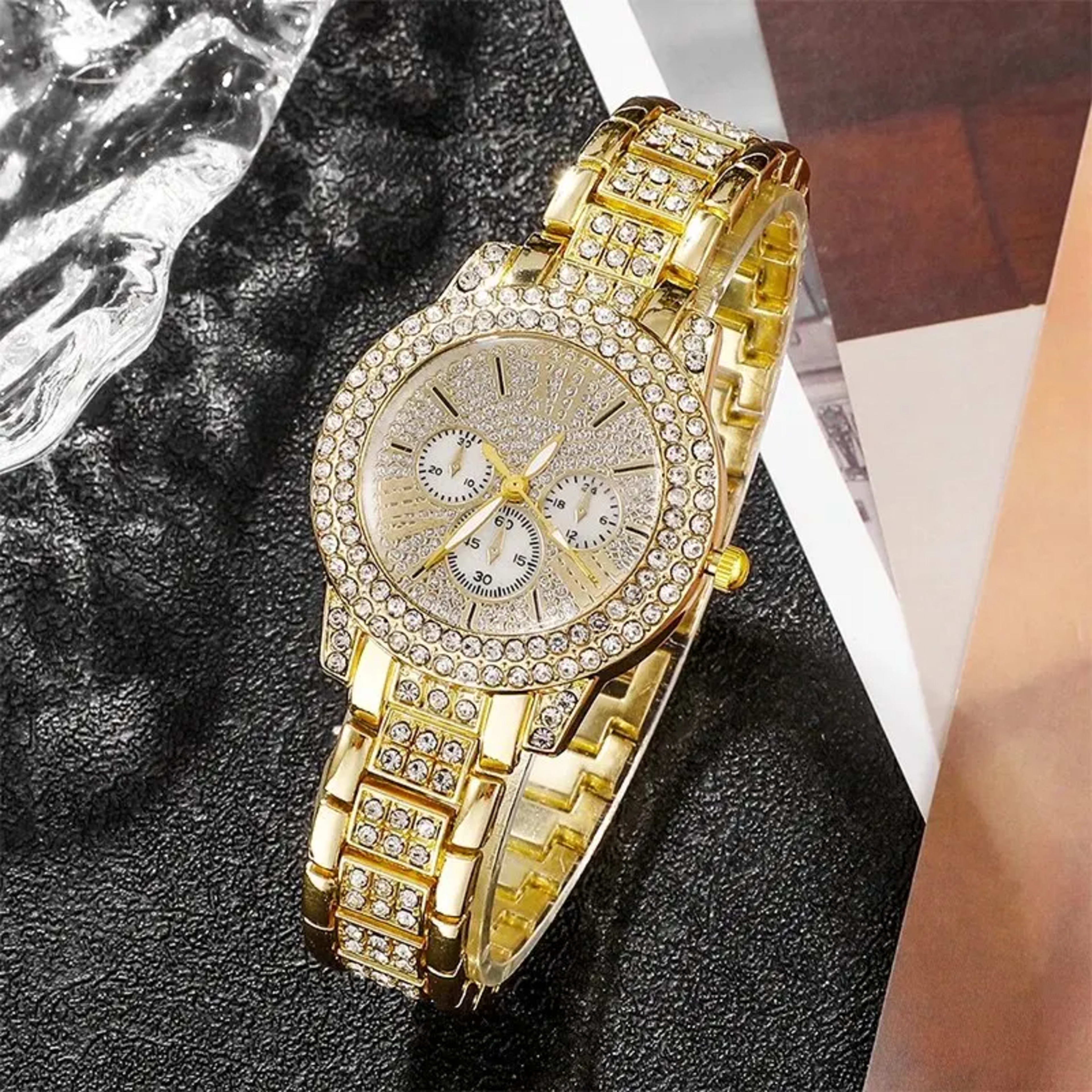 Women's Quartz Watch Gold Luxury Women Ring Necklace Earring Rhinestone Fashion Wristwatch Casual Ladies Watches Jewelry 5