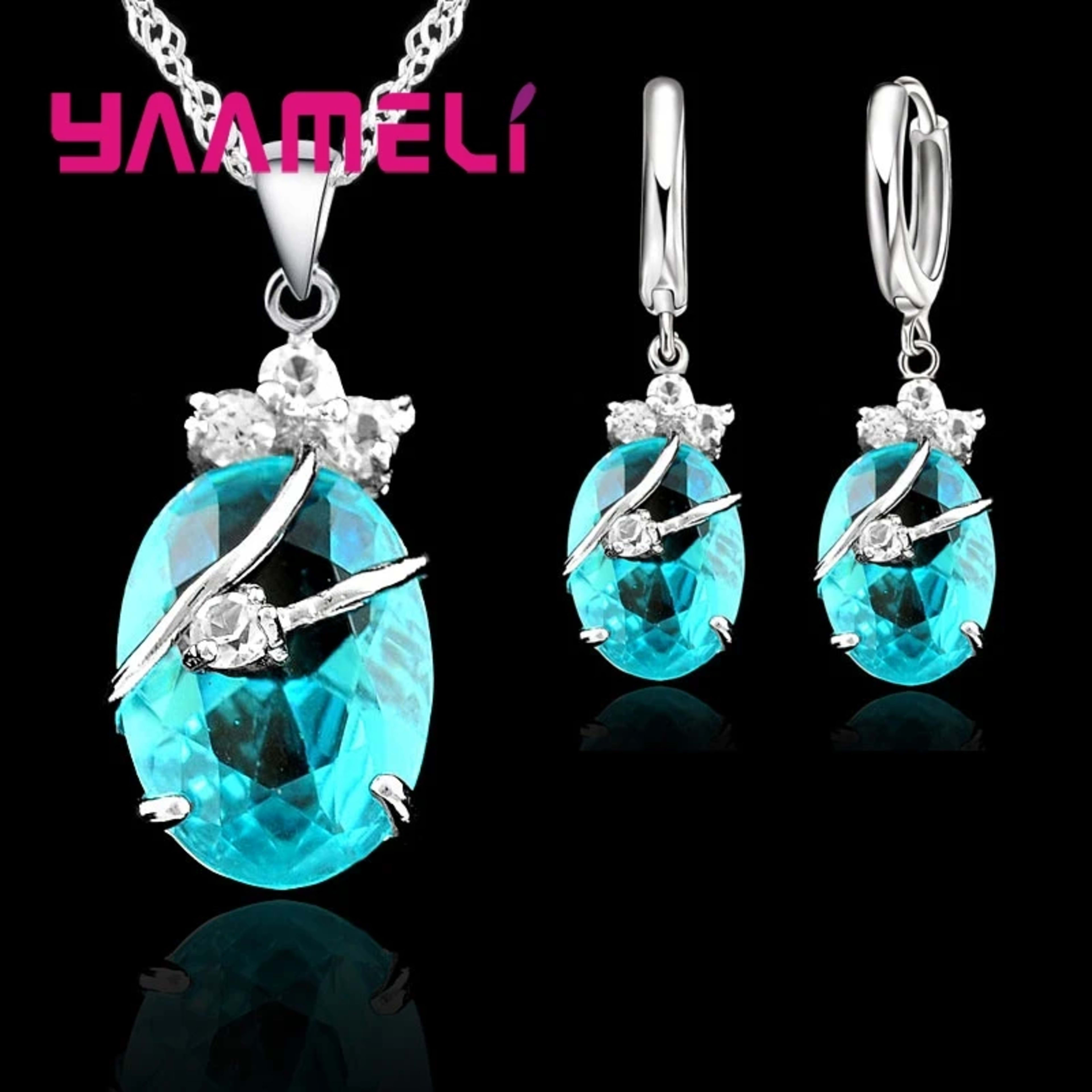 New Fashion Vintage Jewelry Sets For Women 925 Sterling Silver Crystal Stone Pendant Charms Wedding Necklace Hoop Earrin 6