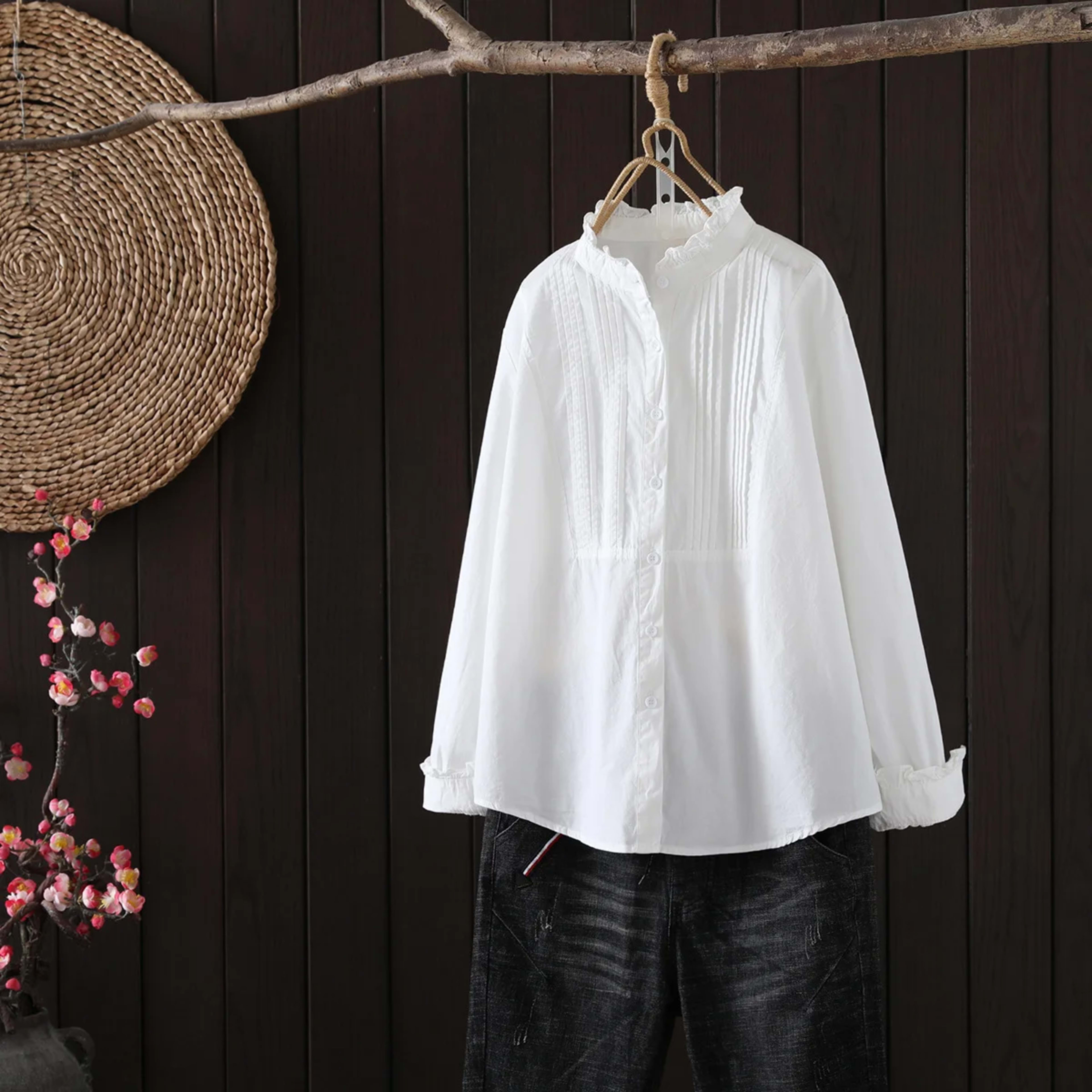 Blusas Mujer De Moda Stand Collar Blouse Women Long Sleeve Cotton Pleated Blouse Shirt Women Tops Women Blouses Shirts B 2