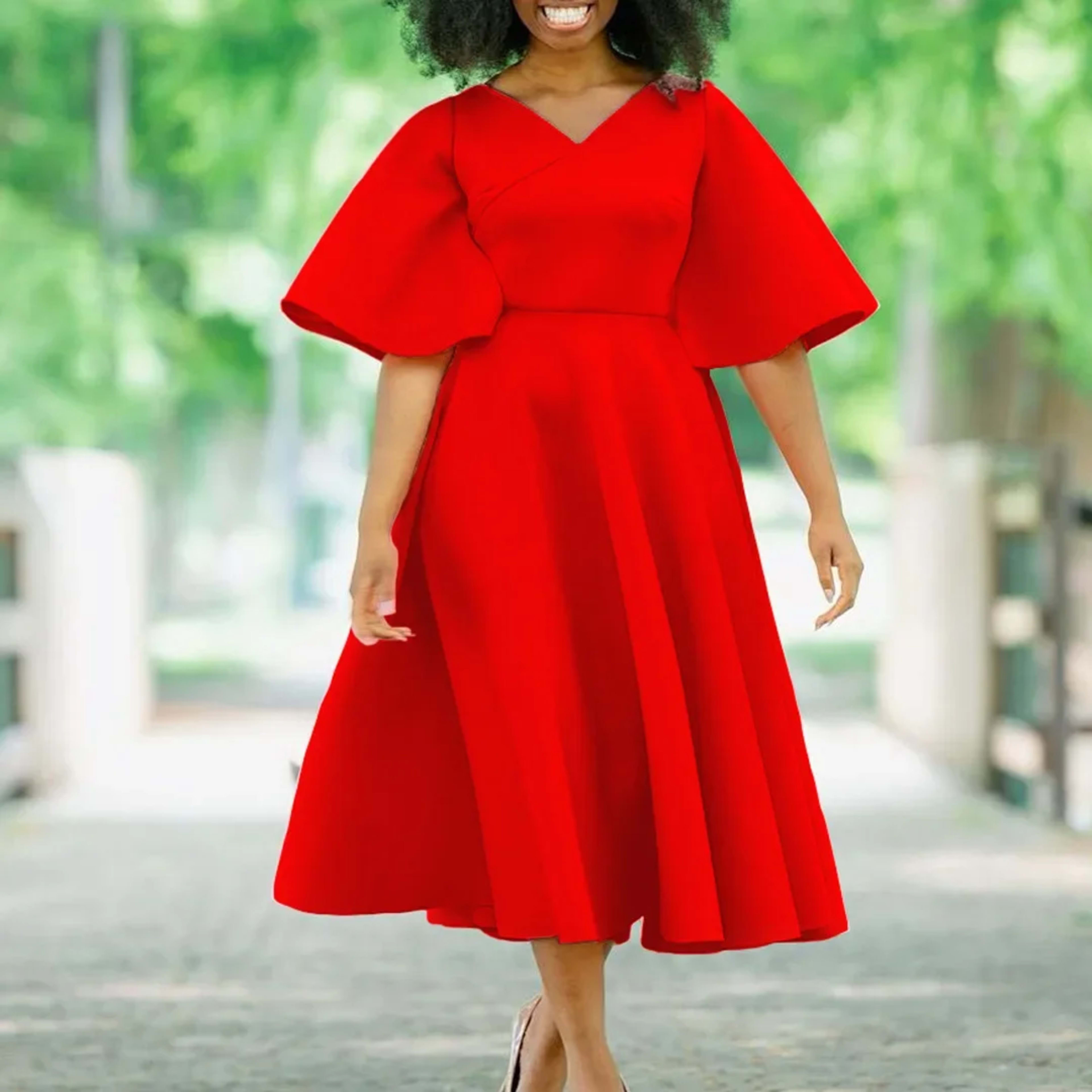 Elegant Dresses for Women V Neck Flare Sleeve High Waisted Pleated A Line Mid Calf Luxury Birthday Party Dinner Vestidos
