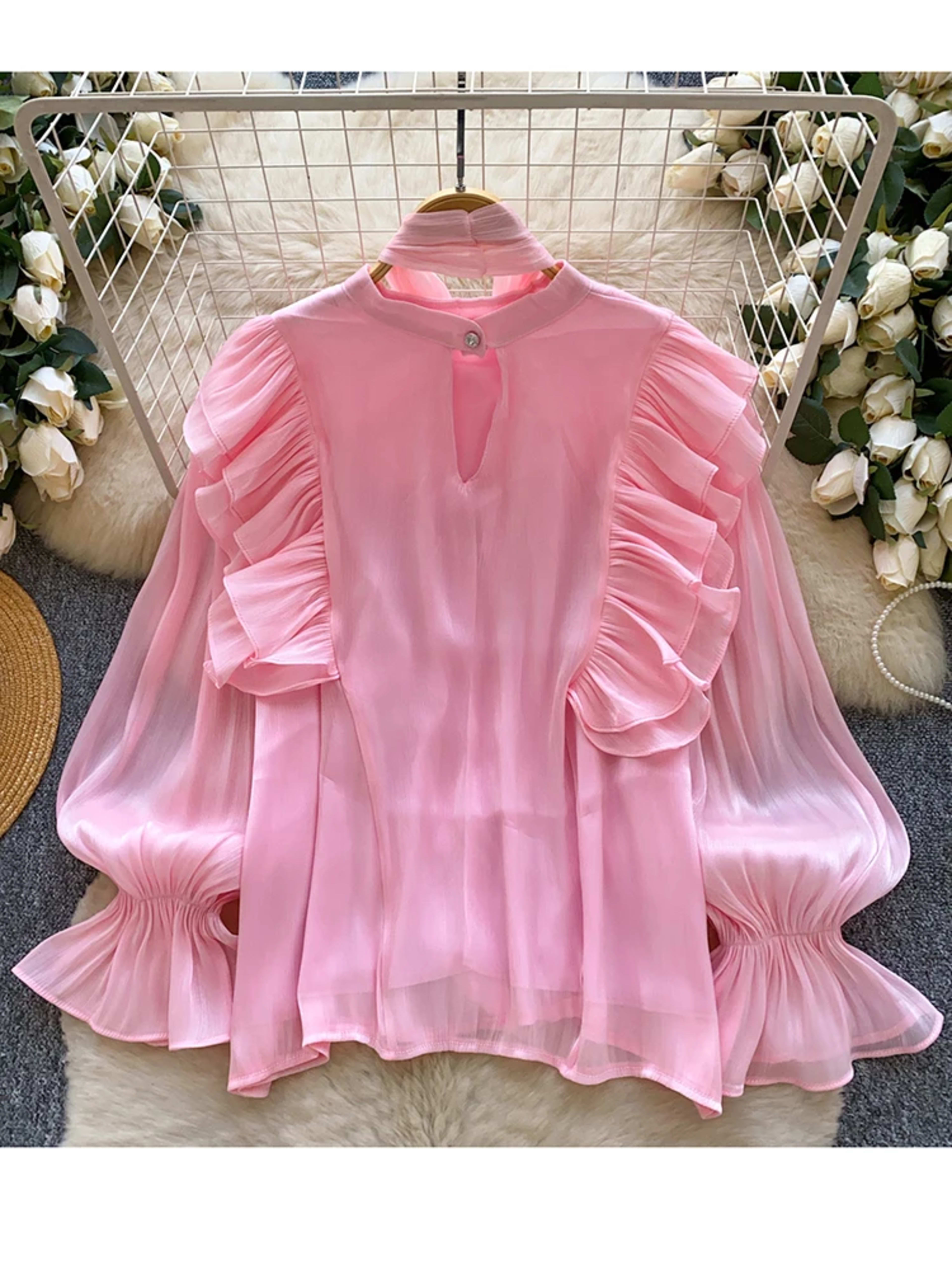Women Blouse Elegant Bow-detailed Chiffon Blouse Ruffle Hem Featuring Lightweight Layering Piece Spring Summer Blusa Top 5