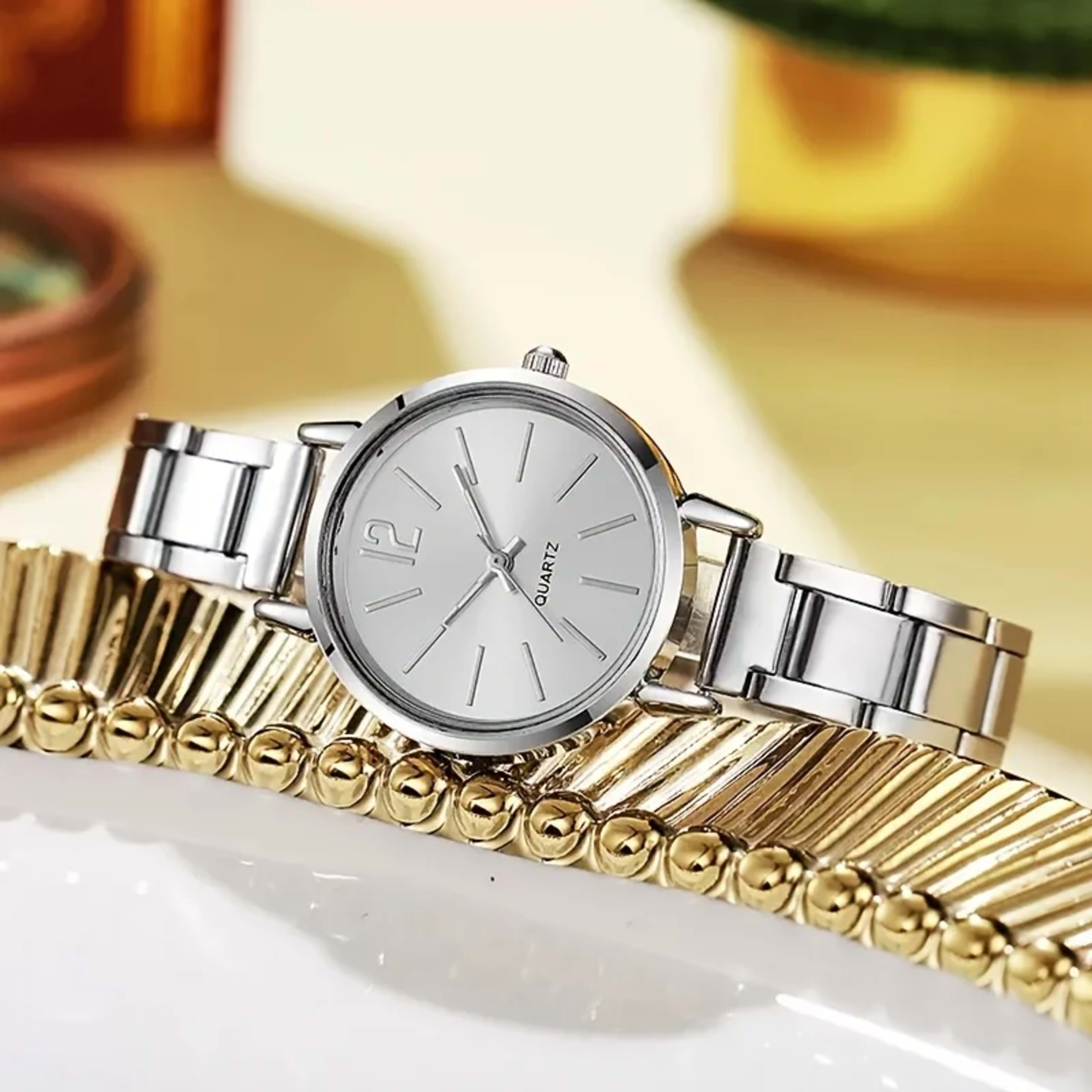 Women's Elegant Jewelry Set: Gold Quartz Watch + Bangle + Ring + Drop Pendant Necklace + Earrings, 6Pcs Set 4