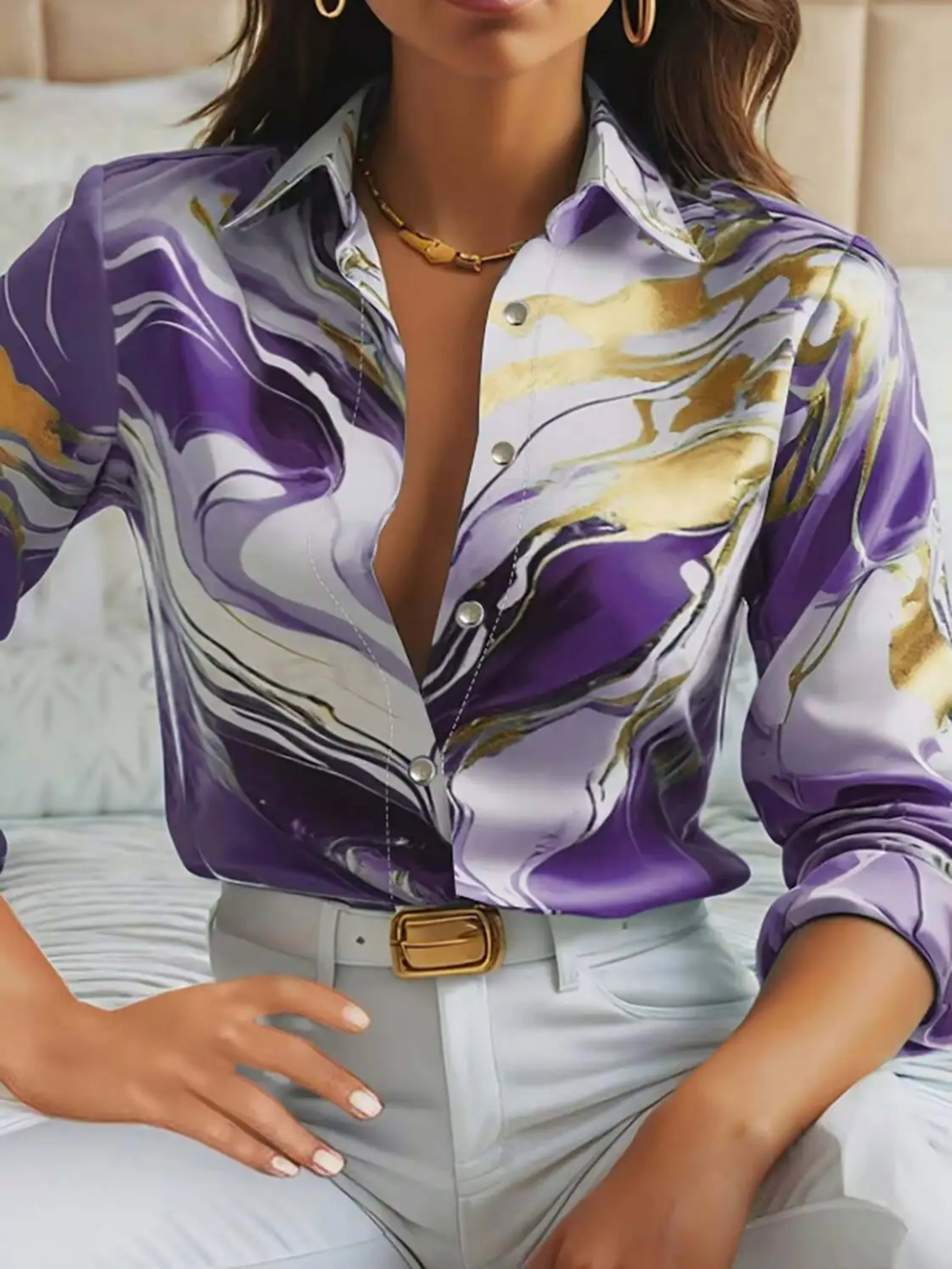 Women's Blouse Spring Summer Purple Gold Marble Print Collar Front Button Long Sleeve Satin Luxury Elegant Daily Office  1