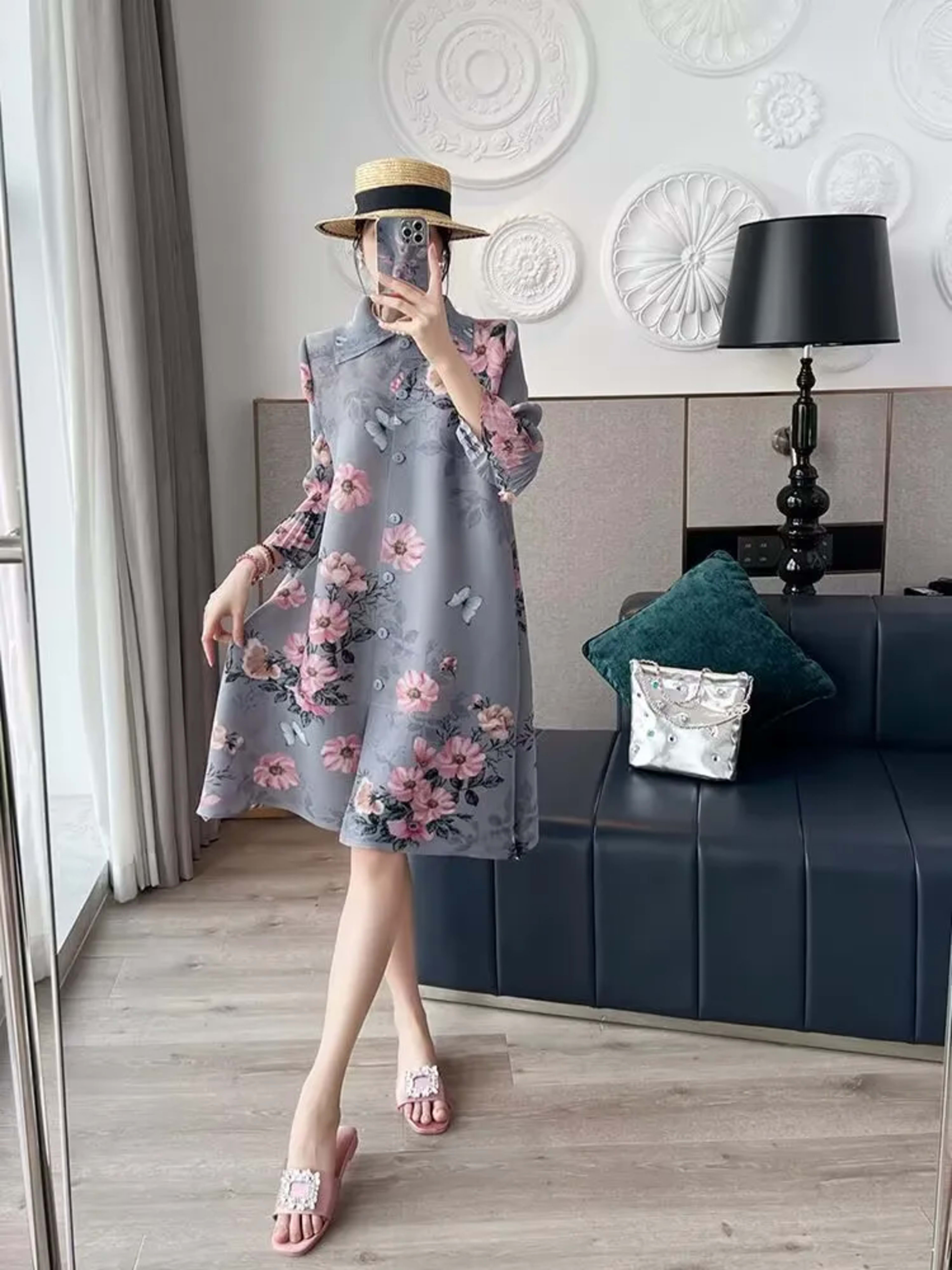 Womens Dresses Evening Dresses Fashion Holiday Style Printed Dress Spring/Summer Flower Folding Long Dress Loose Plus Si
