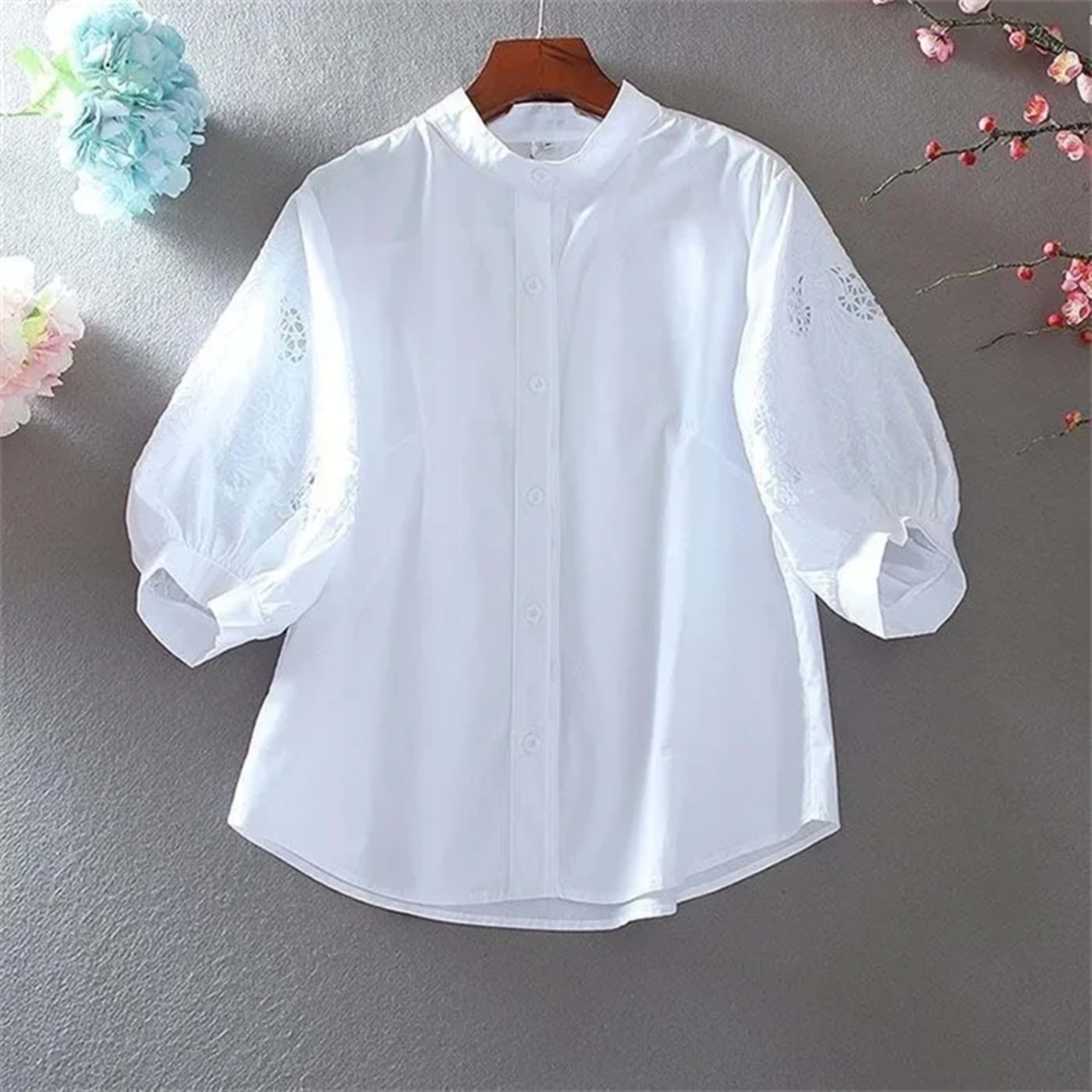 Women's Blouse 2025 Spring Summer Hollow Heavy Embroidery Ladies Tops Stand Collar Temperament Lady Loose Lantern Sleeve 5
