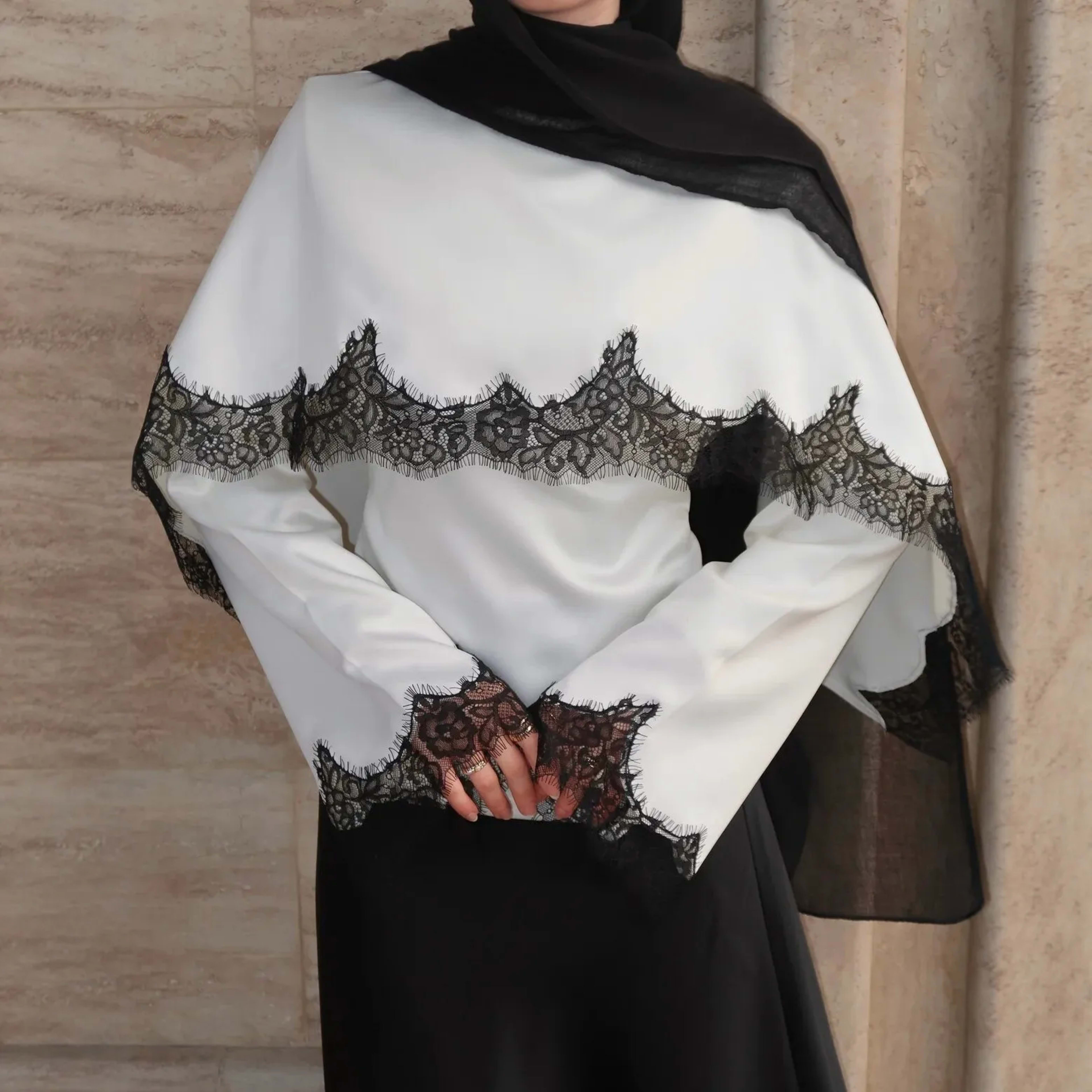Women Top Blouse Fake Two Pieces Lace Patchwork Eid Muslim T Shirts Round Collar Flare Sleeve Dubai Ramadan Blouses Spri 3