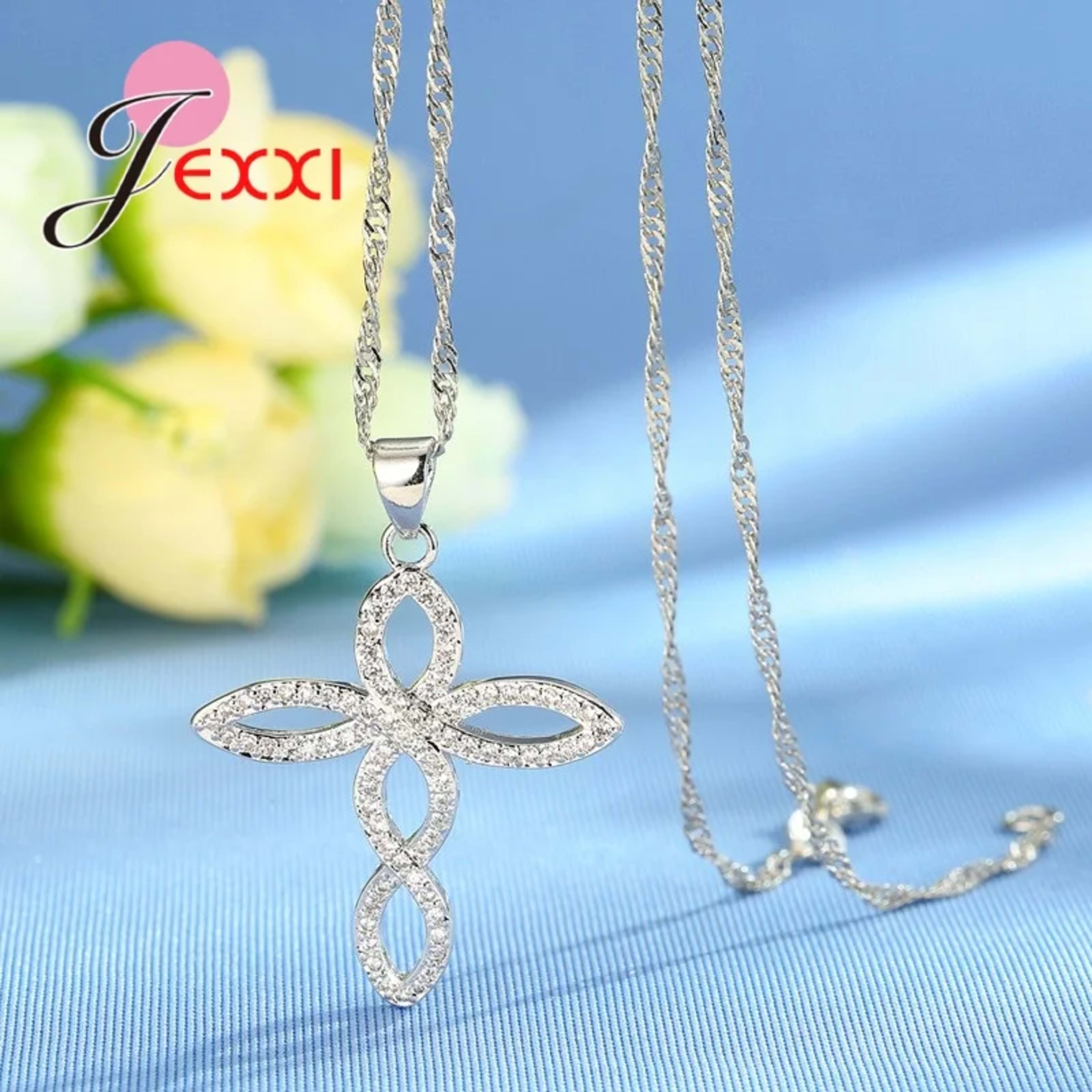 Women Wedding Jewelry Sets Charm Crystal Crooked Cross Pendant Necklaces Earrings Sets Shininy 925 Sterling Silver  Bijo 3