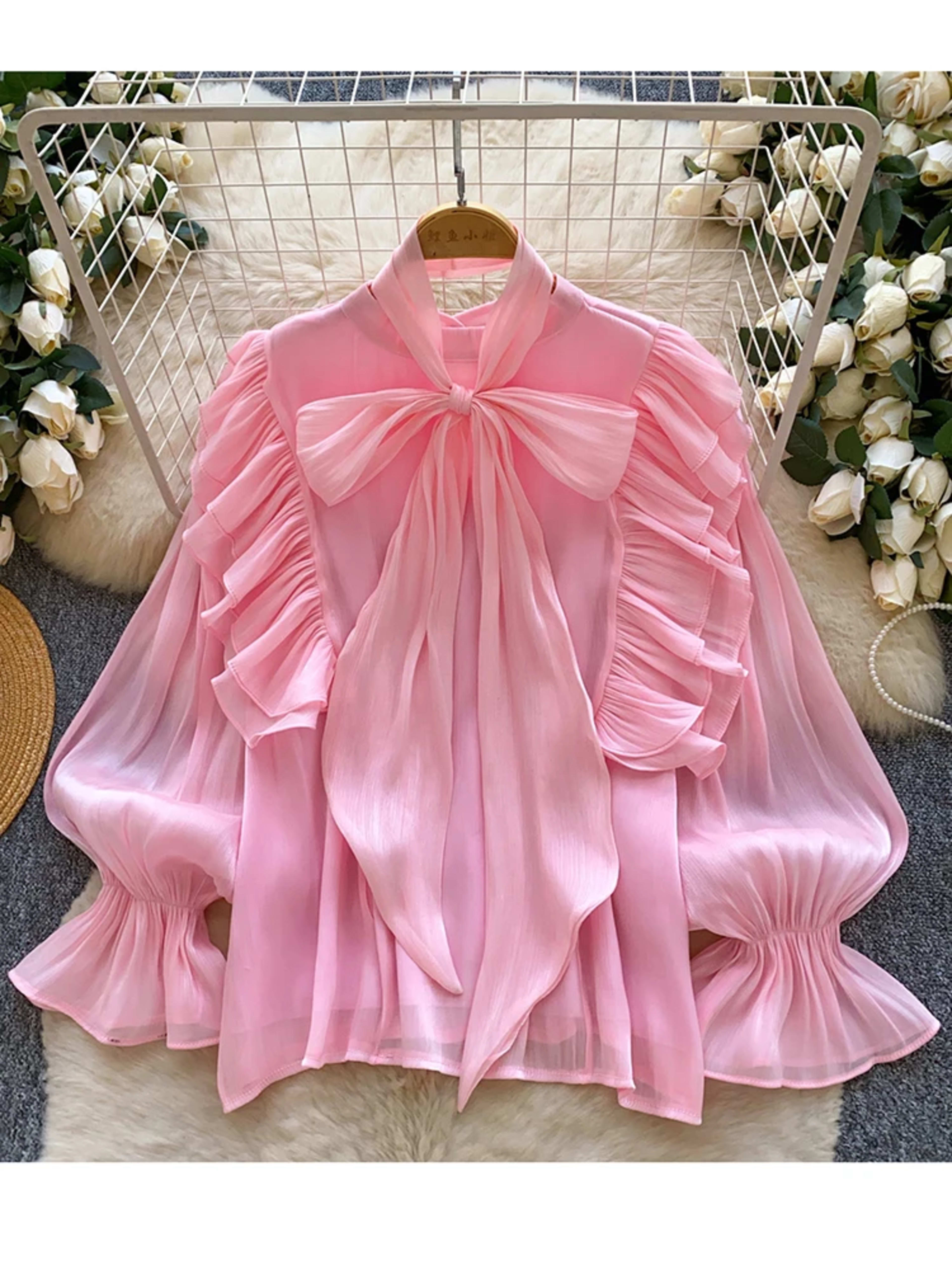 Women Blouse Elegant Bow-detailed Chiffon Blouse Ruffle Hem Featuring Lightweight Layering Piece Spring Summer Blusa Top 3