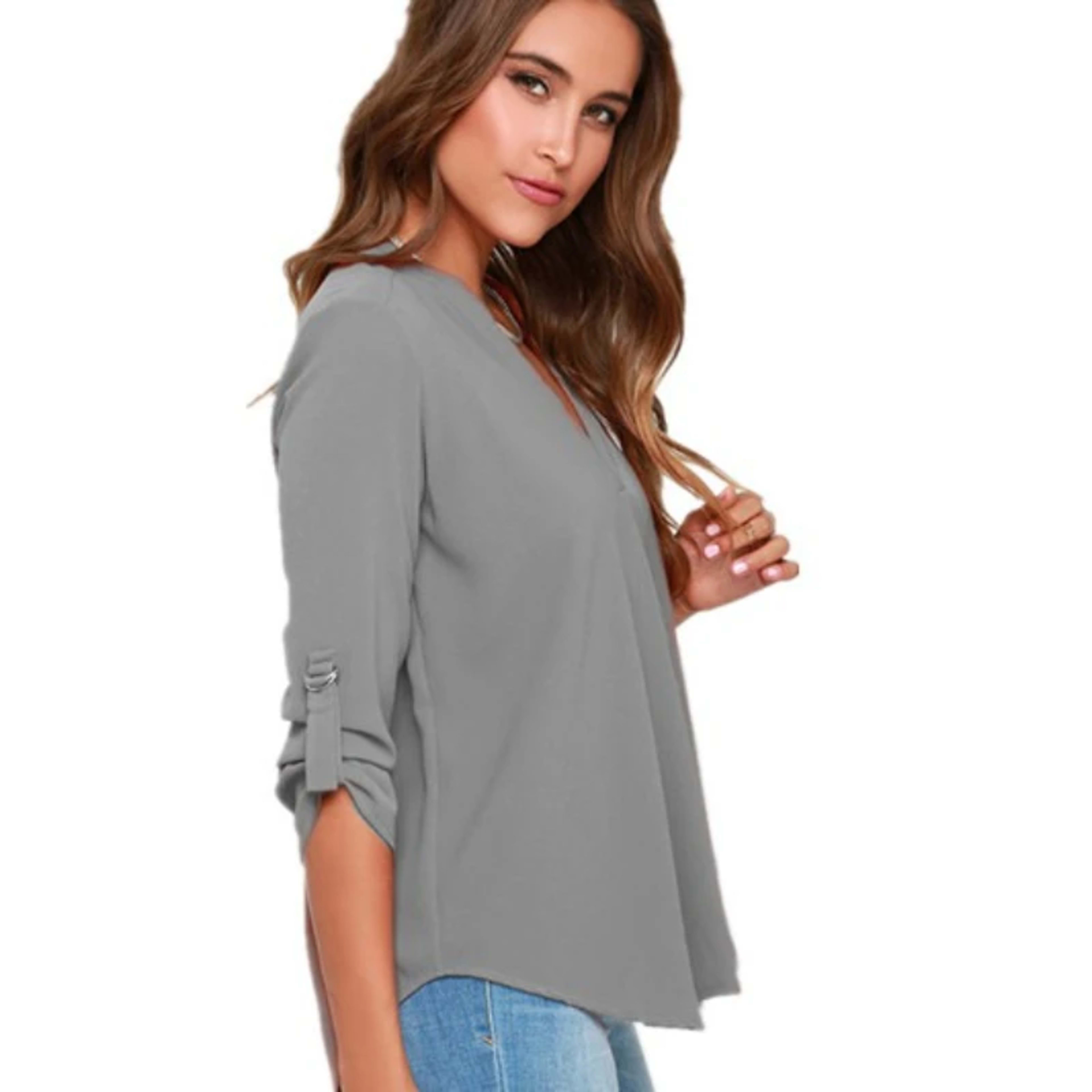 Women Tops Blouses Long Sleeve  V-Neck Chiffon Blouse office work Shirt 3