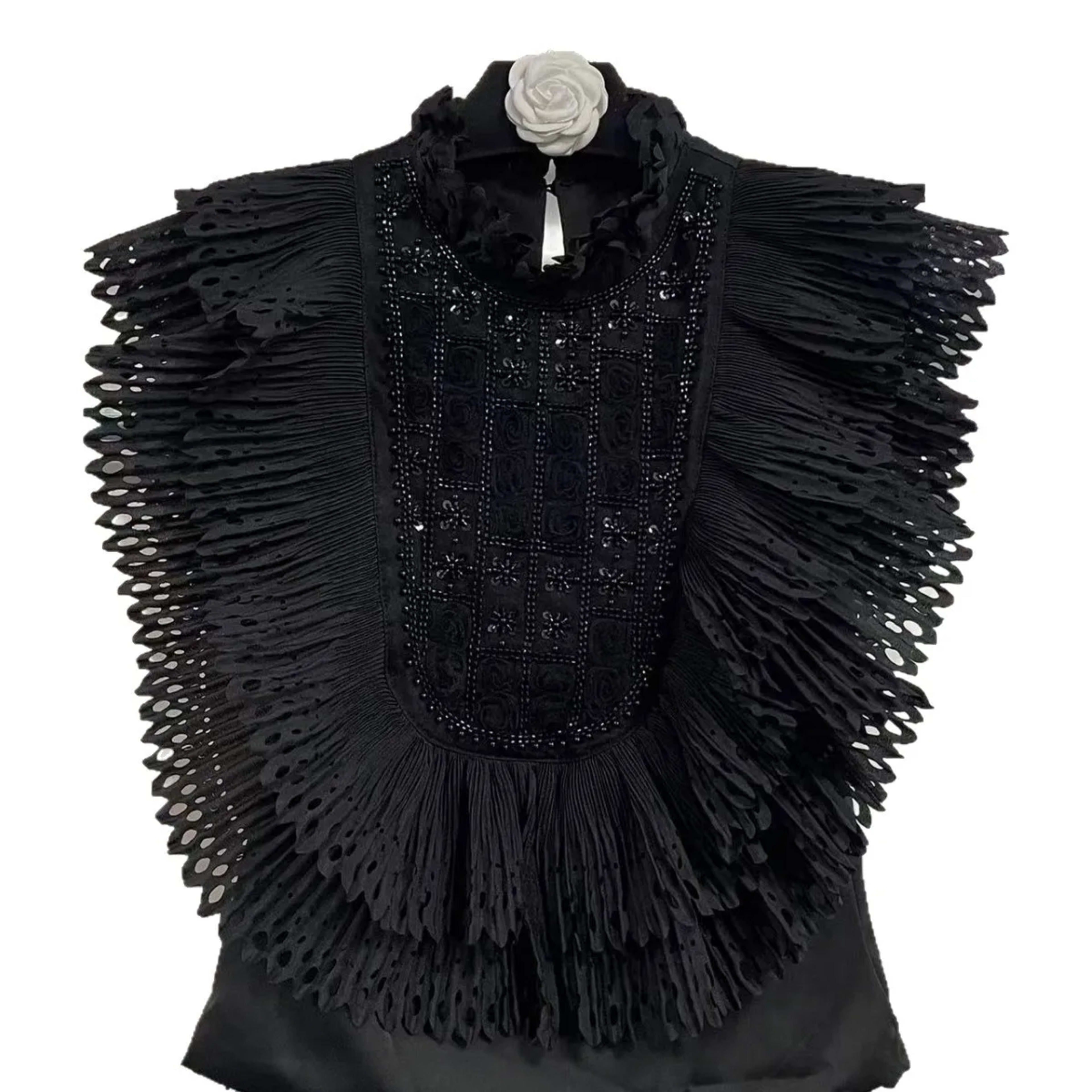 Top Blouse Women Sleeveless Ruffled Pleating Patchwork Stand Collar Blouses Beading Female Tops Summer Shirt Office Lady 3