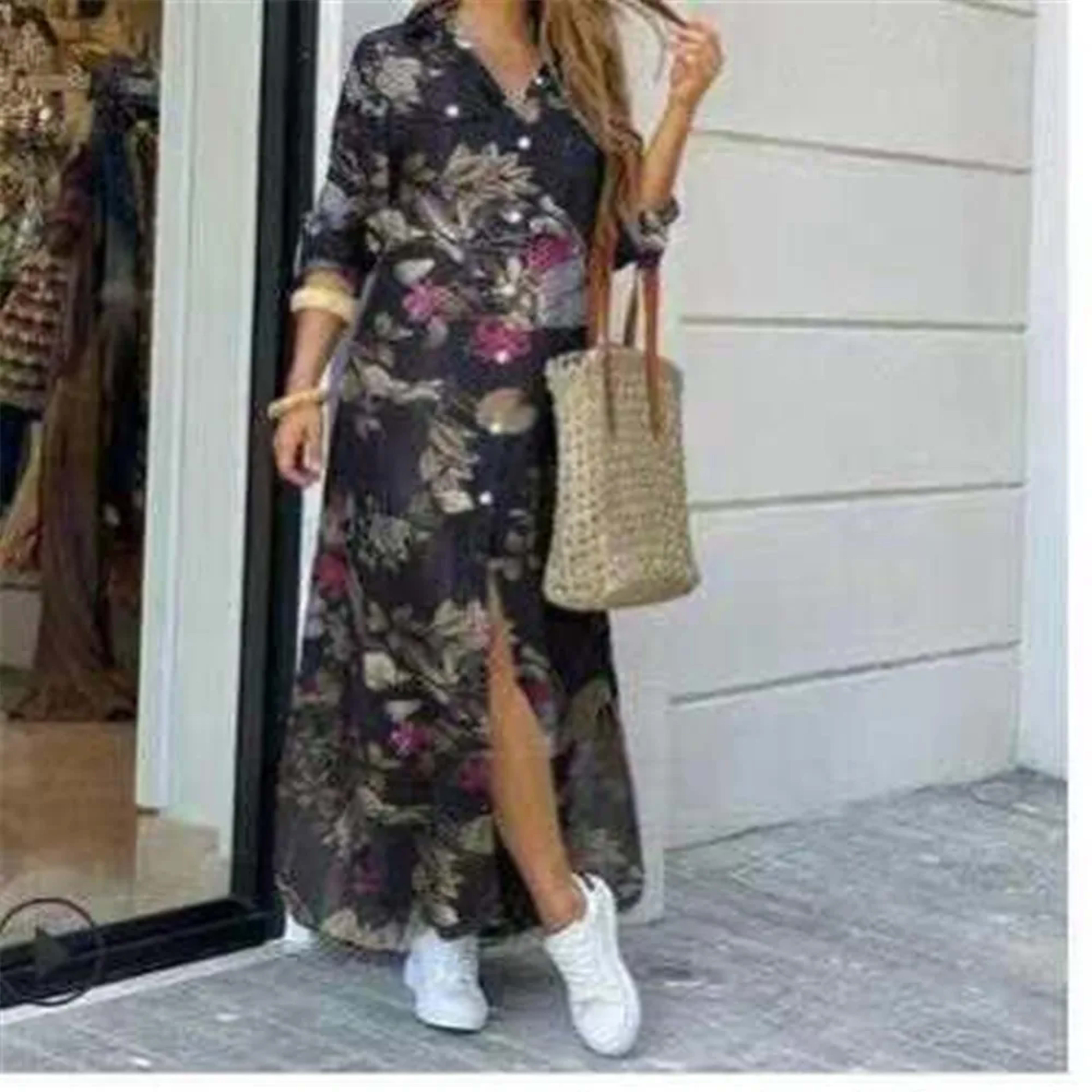 Women Dresses Fashion Sexy Single-breasted Dress Loose Lapel Casual Women's Clothing  Literary Printing Long Shirt Skirt 13