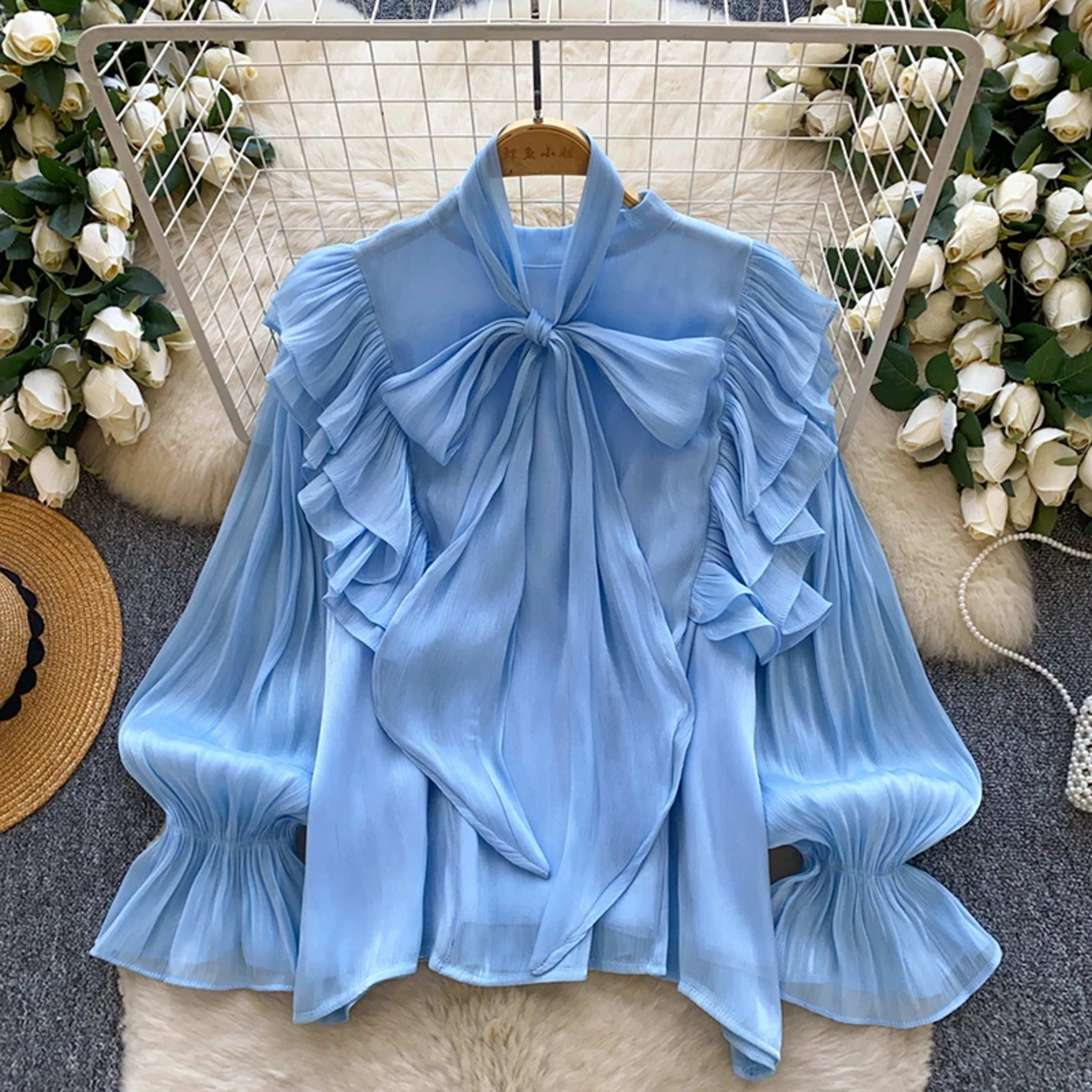 Women Blouse Elegant Bow-detailed Chiffon Blouse Ruffle Hem Featuring Lightweight Layering Piece Spring Summer Blusa Top 9