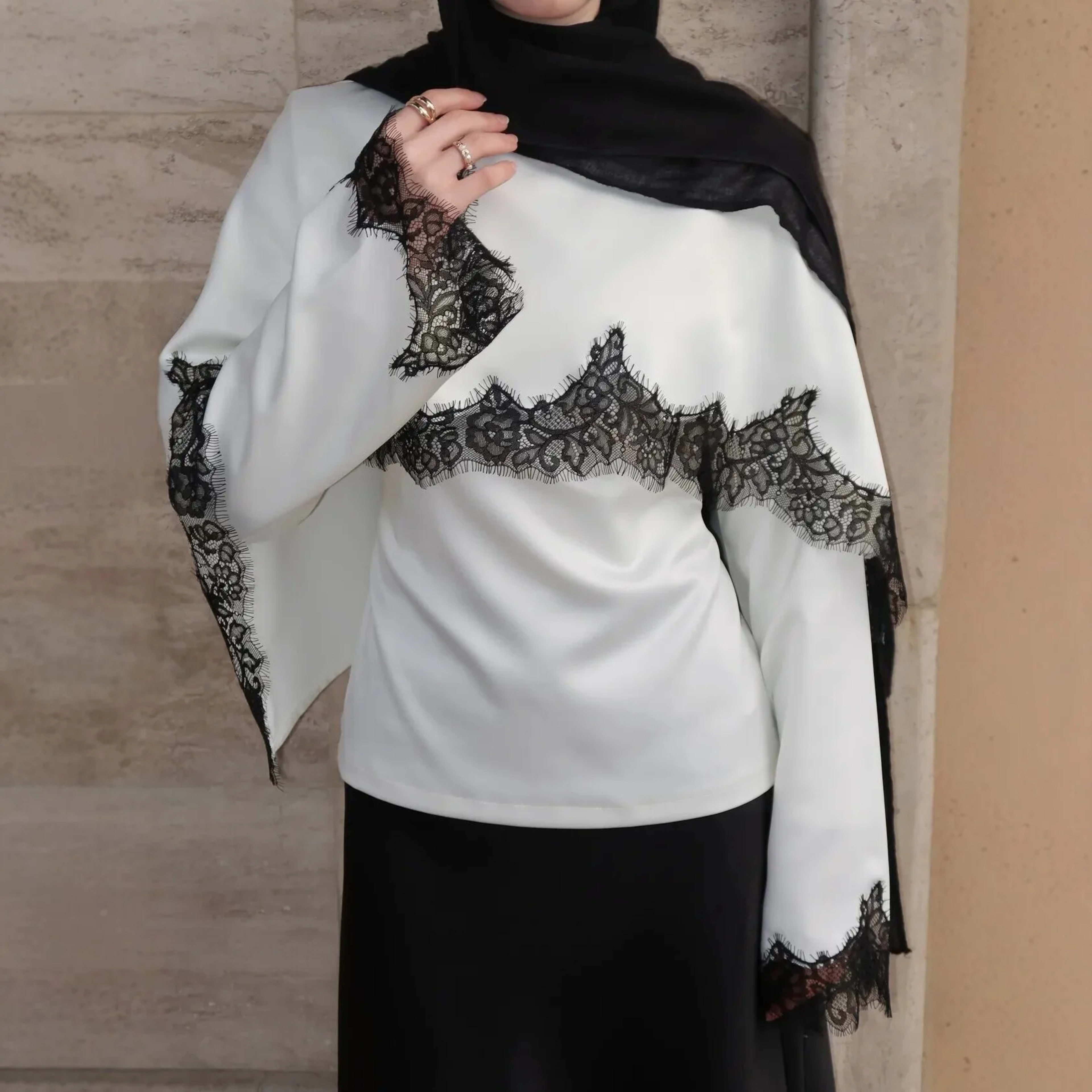 Women Top Blouse Fake Two Pieces Lace Patchwork Eid Muslim T Shirts Round Collar Flare Sleeve Dubai Ramadan Blouses Spri 1
