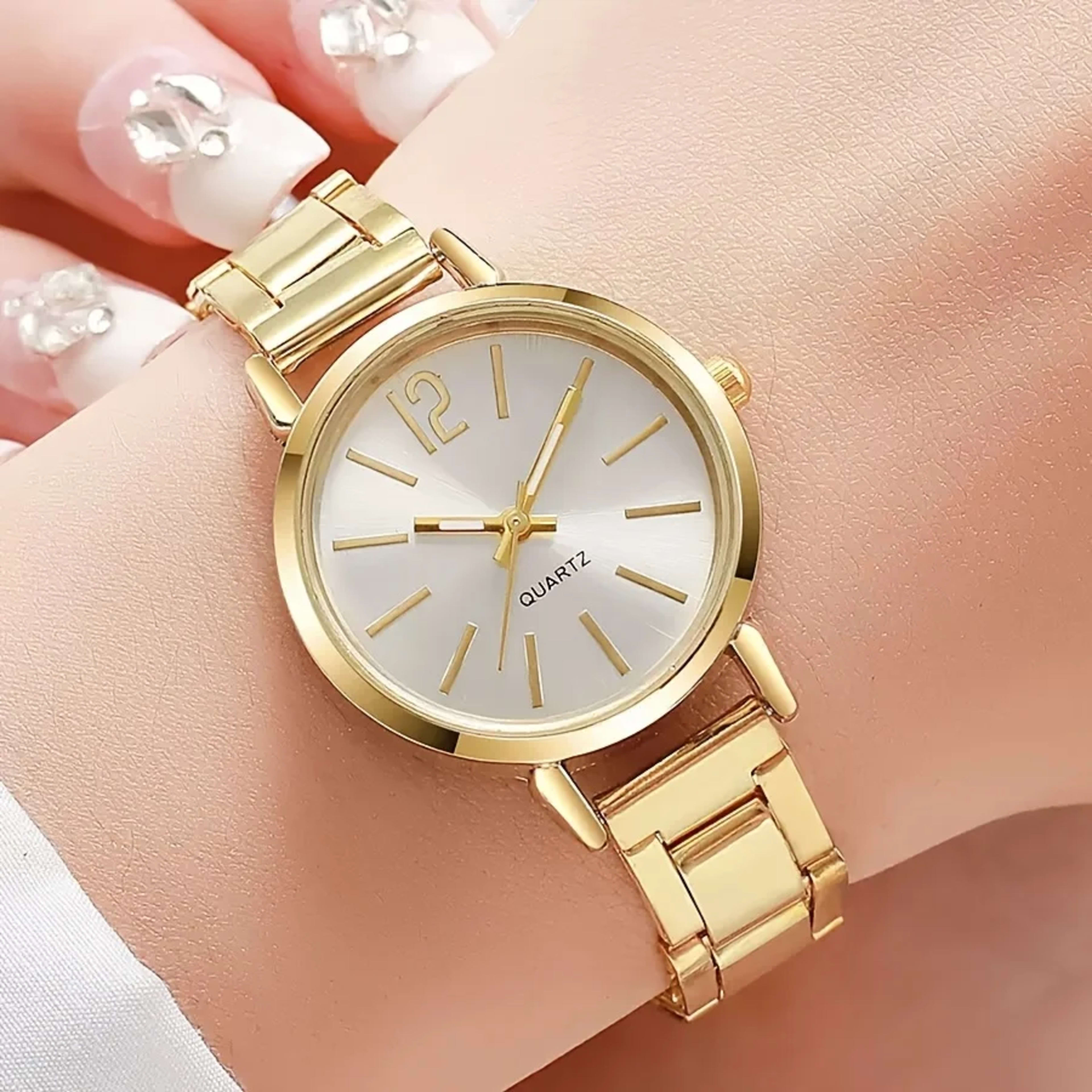 Women's Elegant Jewelry Set: Gold Quartz Watch + Bangle + Ring + Drop Pendant Necklace + Earrings, 6Pcs Set 5
