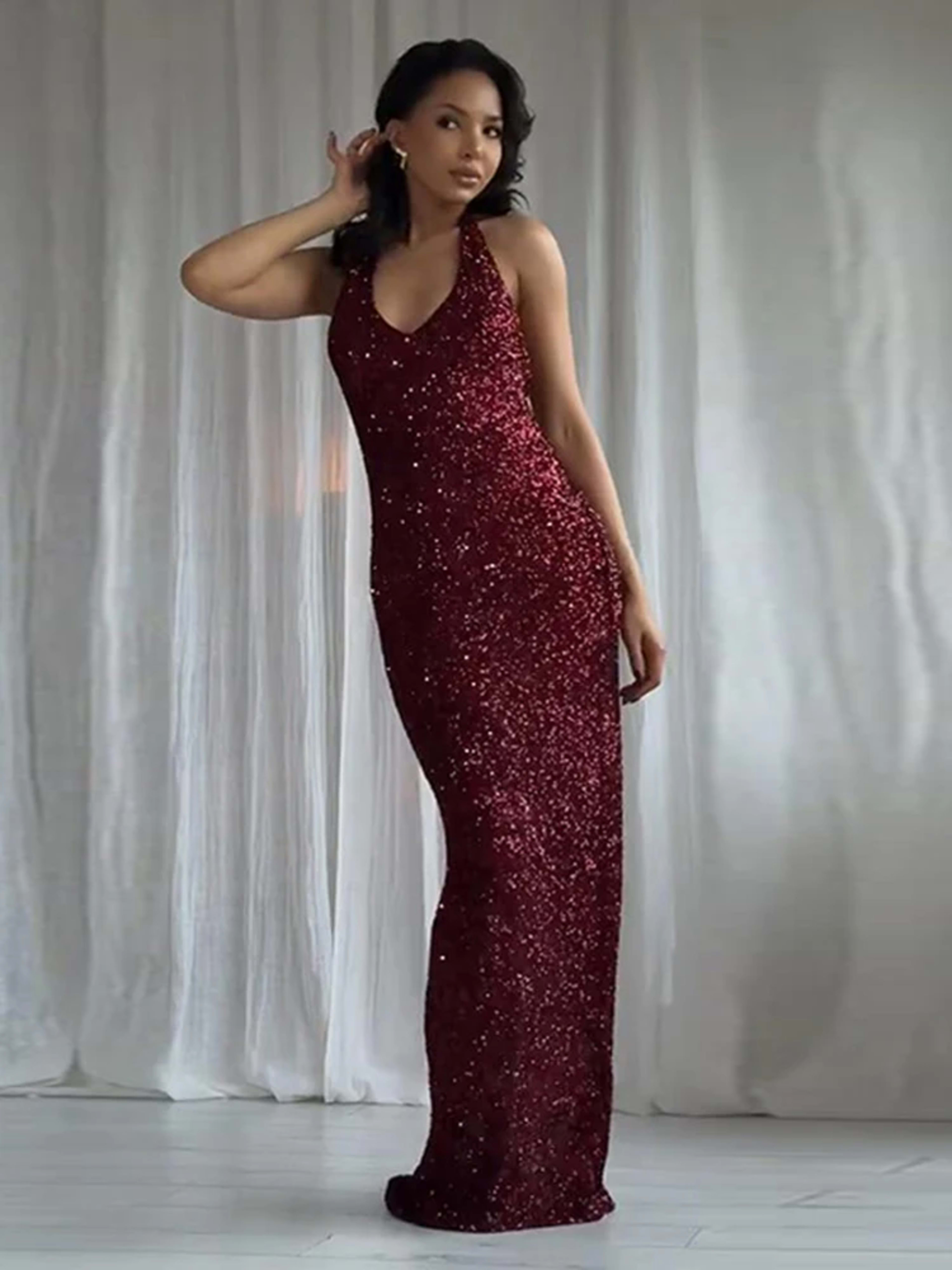 Women's Dresses Trend 2025 Elegant Party Long Evening Dresses Female Clothing Sequin Halter-Neck Maxi Dress Sleeveless O 2