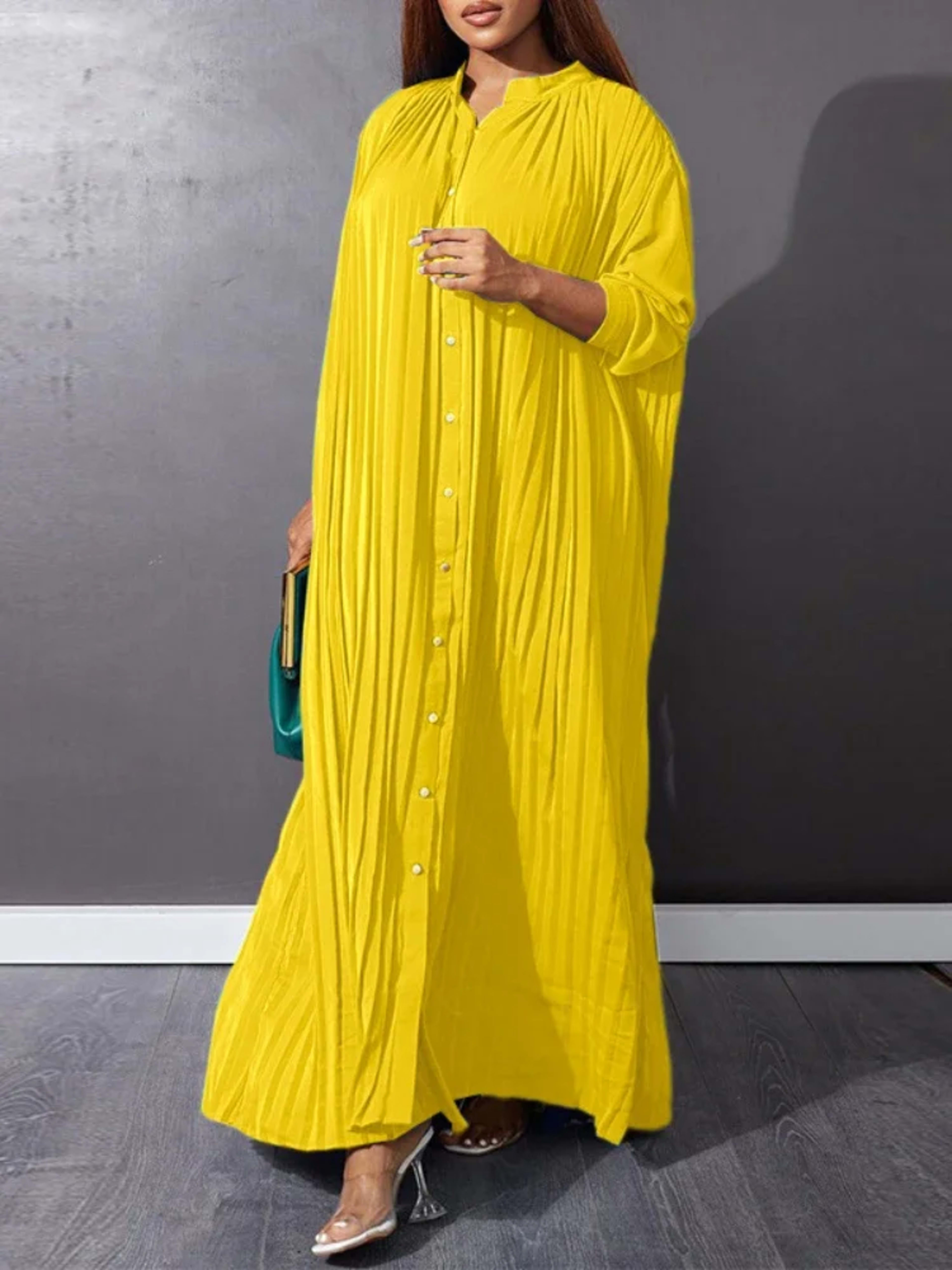 Women Eid Muslim Dresses Stand Collar Single Breasted Dubai Arab Vestidos Ramadan Casual Loose Kaftan Dress Solid Pleate 6